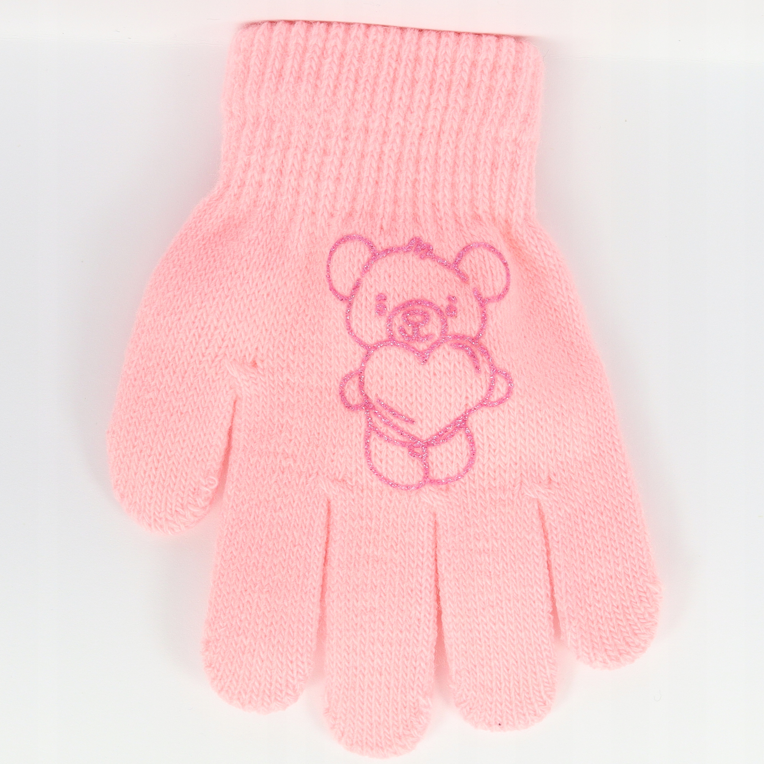 3-4 lata Z PUSZKIEM 13cm Rękawiczki Akryl Pięciopalcowe JASNORÓŻOWY 012 miś