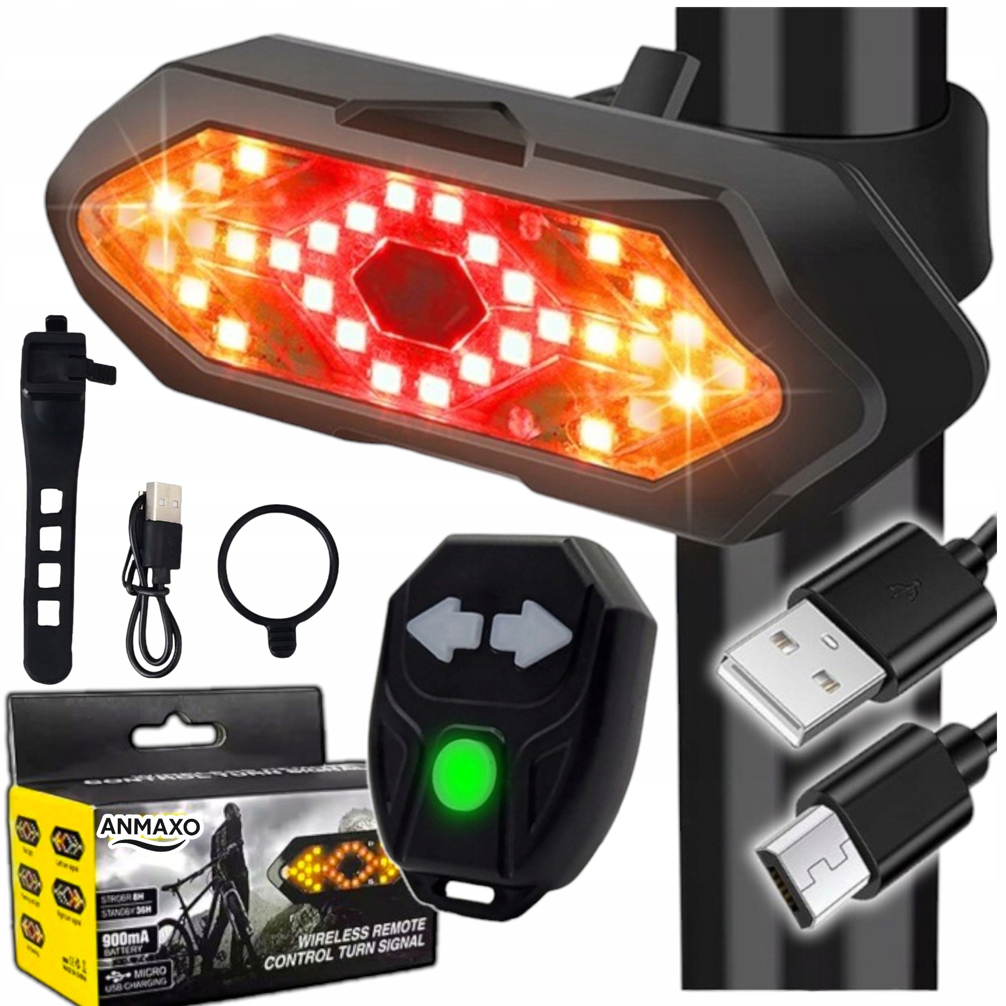 3w1 KIERUNKOWSKAZY ROWEROWE KLAKSON 120dB LAMPKA ROWEROWA TYŁ LED USB+PILOT