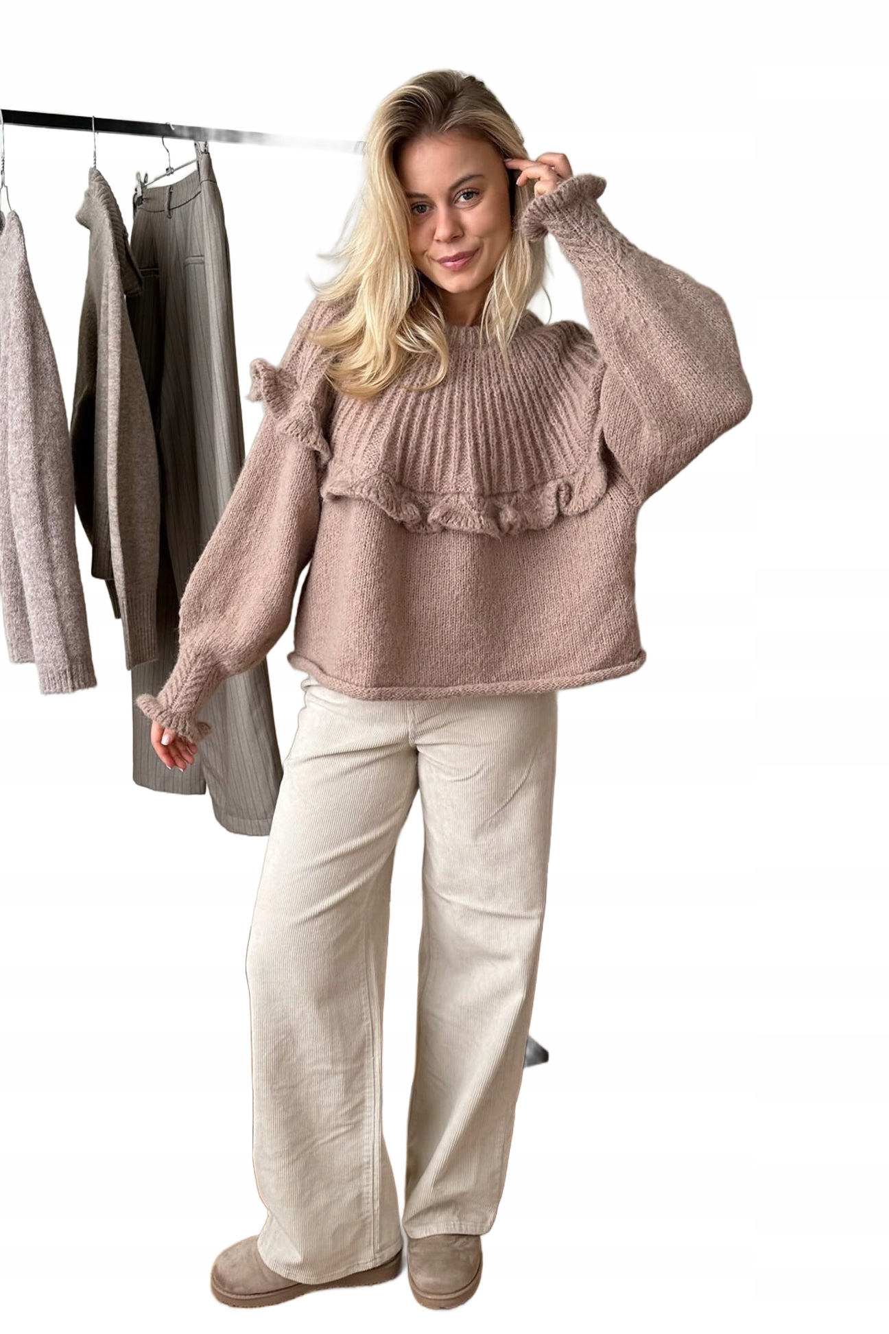 Pieces Béžový Svetr S Volánem A Balónkovým Rukávem, Velikost 6FA