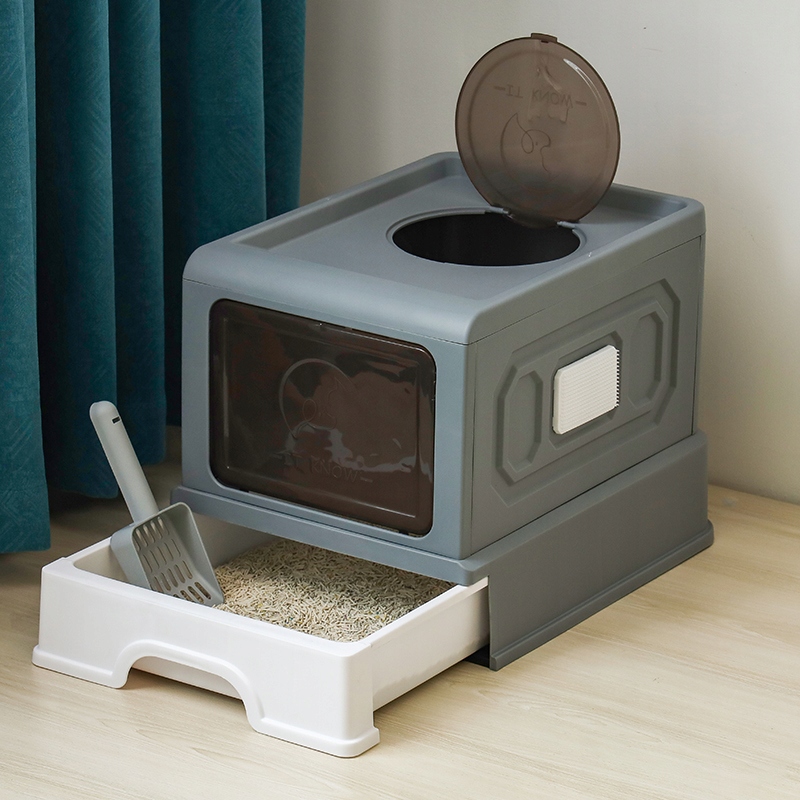 Levně Krytá kočičí toaleta Aidog šedo-bílá 50×38×36 cm s zásuvkou a horním vchodem