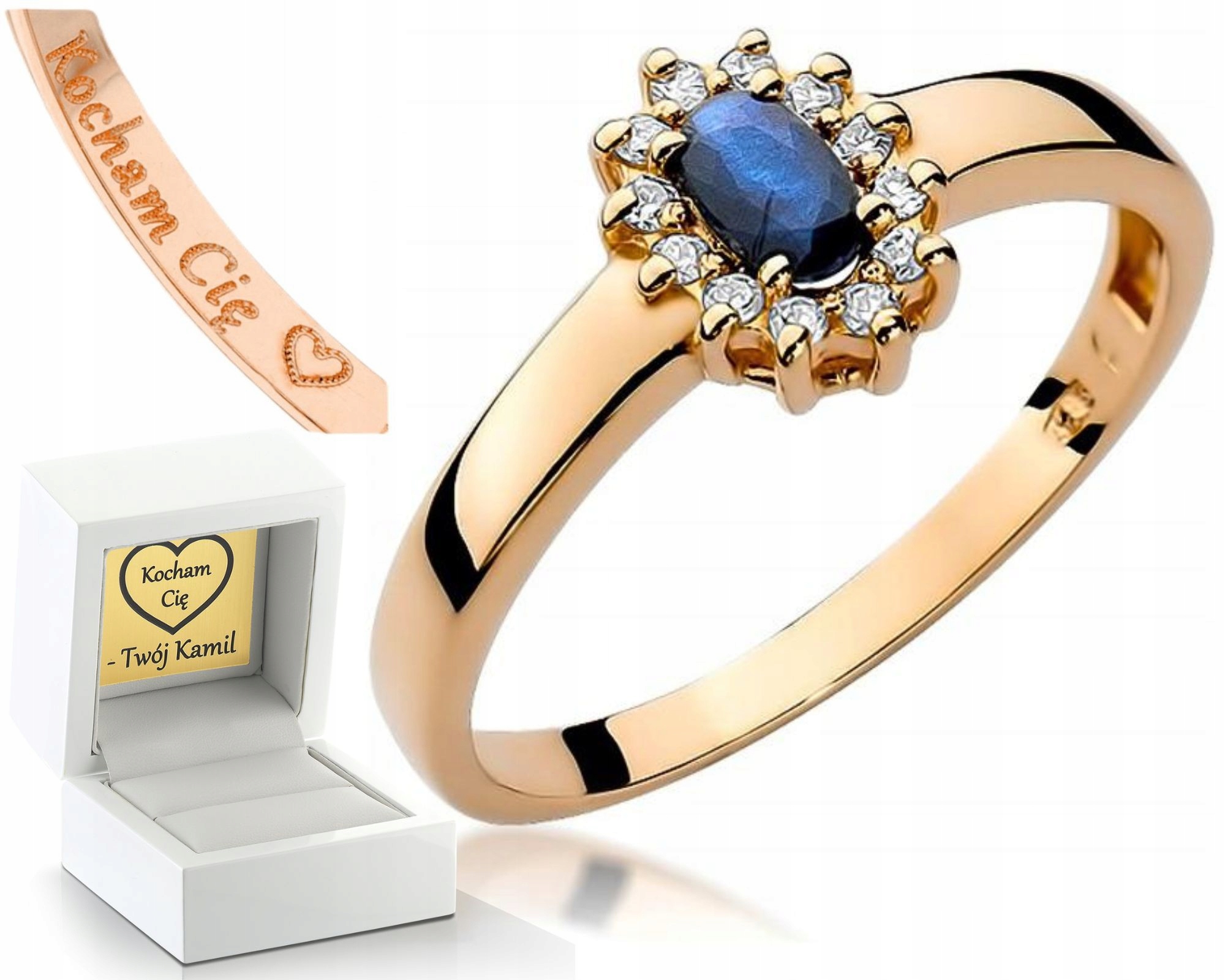 Růžové Zlato Prstýnek Safírový Briliant Gravírování