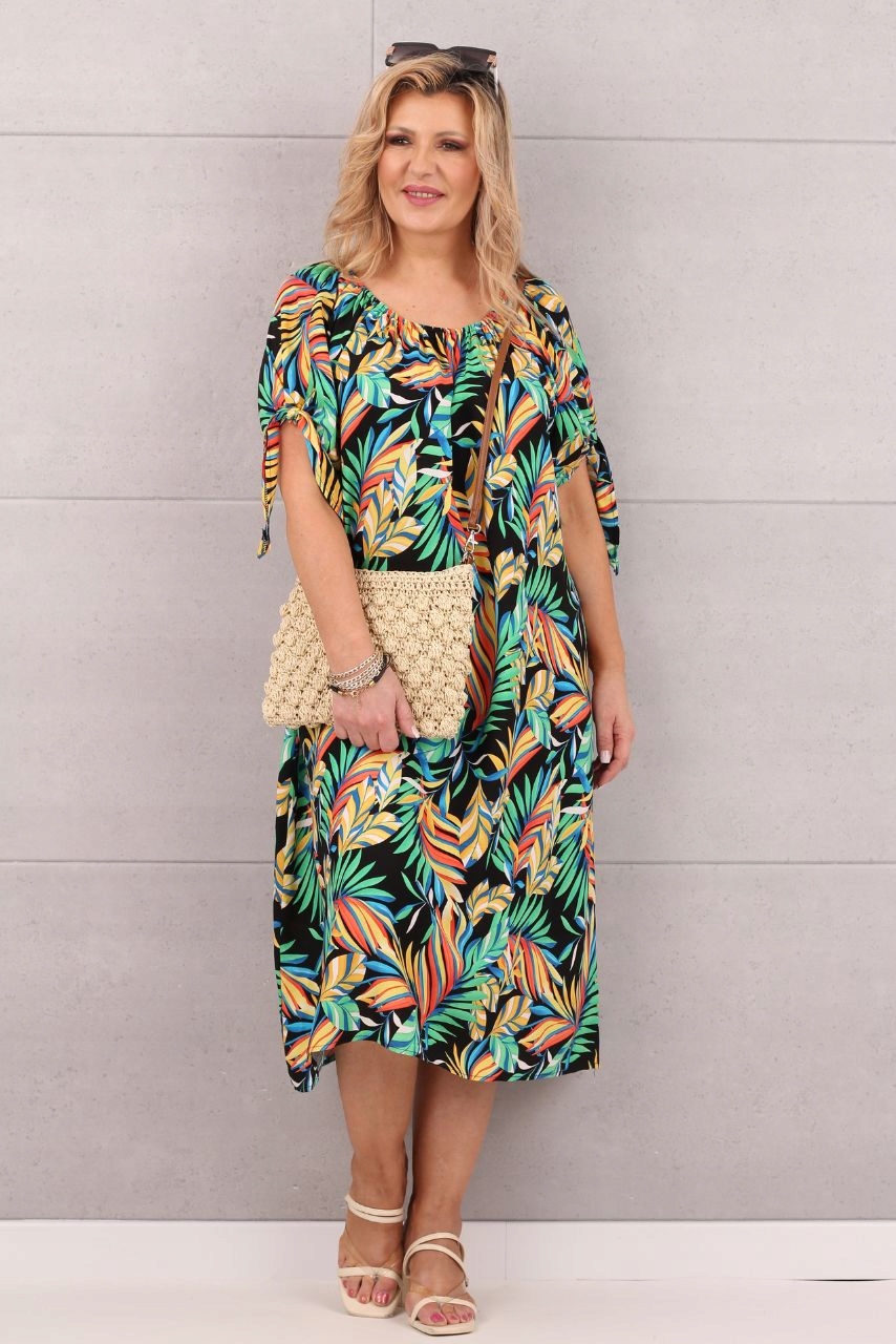 LUŹNA DŁUGA SUKIENKA LETNIA DUŻE ROZMIARY OVERSIZE PLAŻOWA WZORZYSTA LIŚCIE Rozmiar 50/52