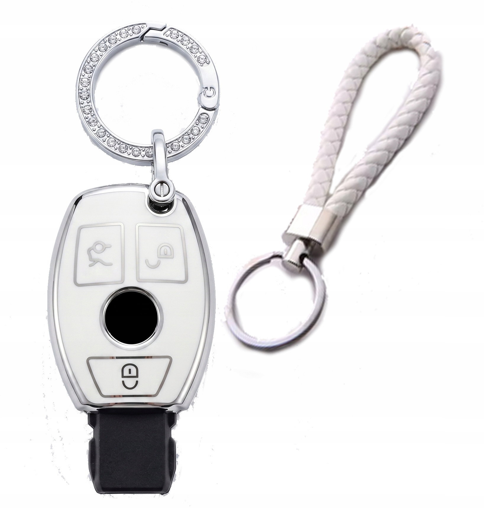 Obudowa Etui Kluczyka Mercedes Biała Srebrna Breloczek Z Cyrkoniami Linka