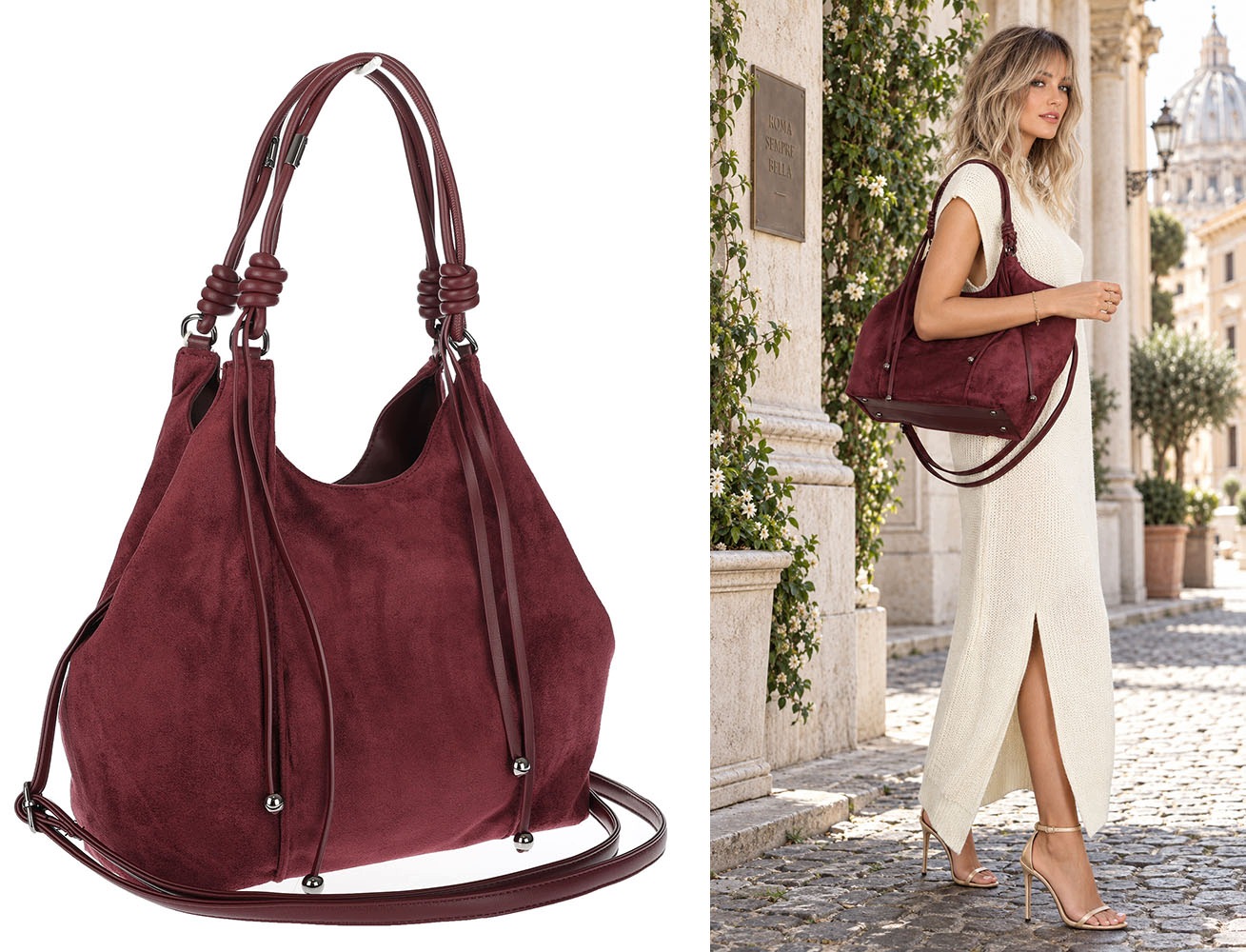 Dámská shopper kabelka prostorná semišová módní taška D0717 Bordó