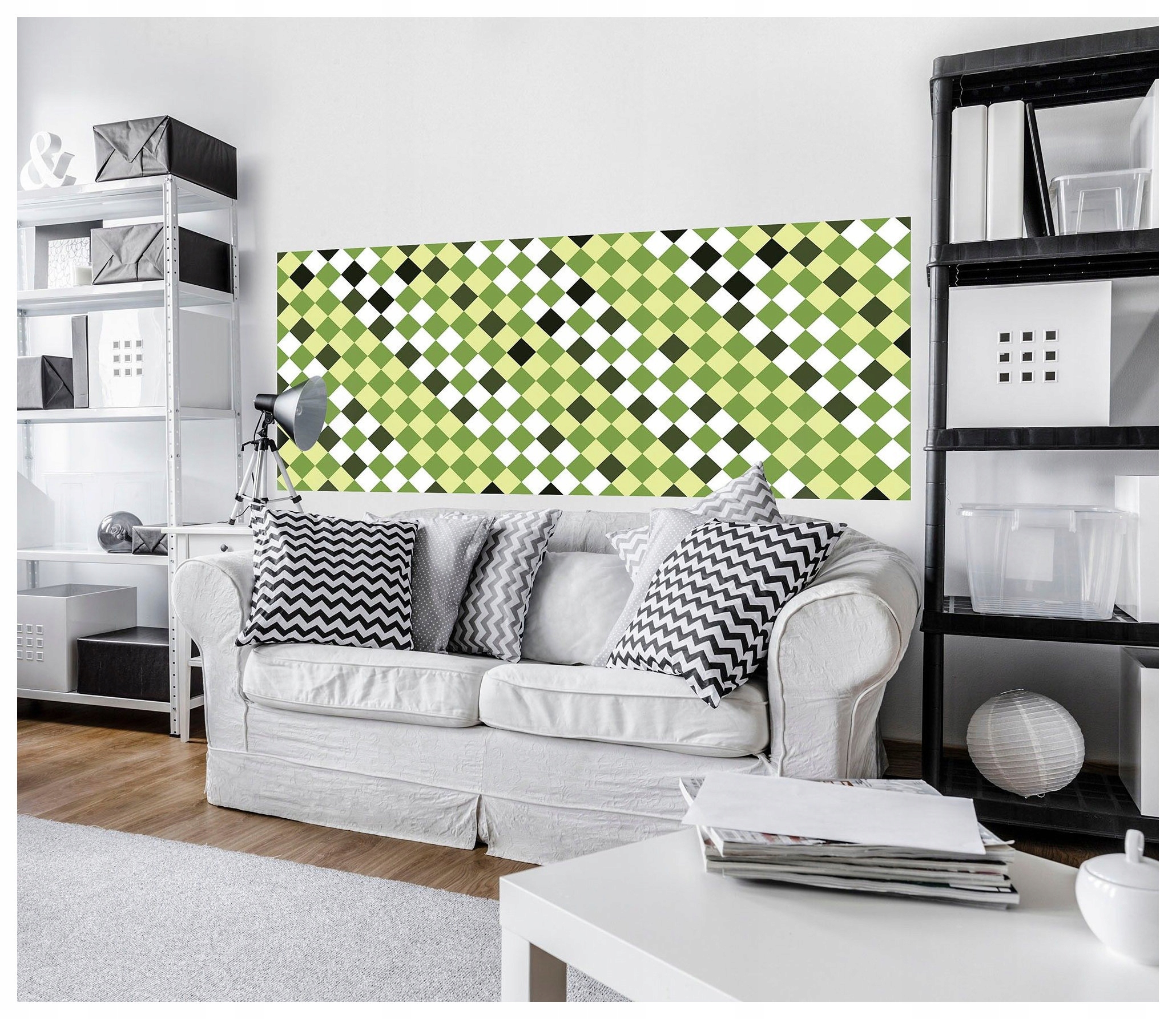 Tapeta Geometrické kosočtverce zeleno-černo-bílé Šachovnice 250x104 lepidlo
