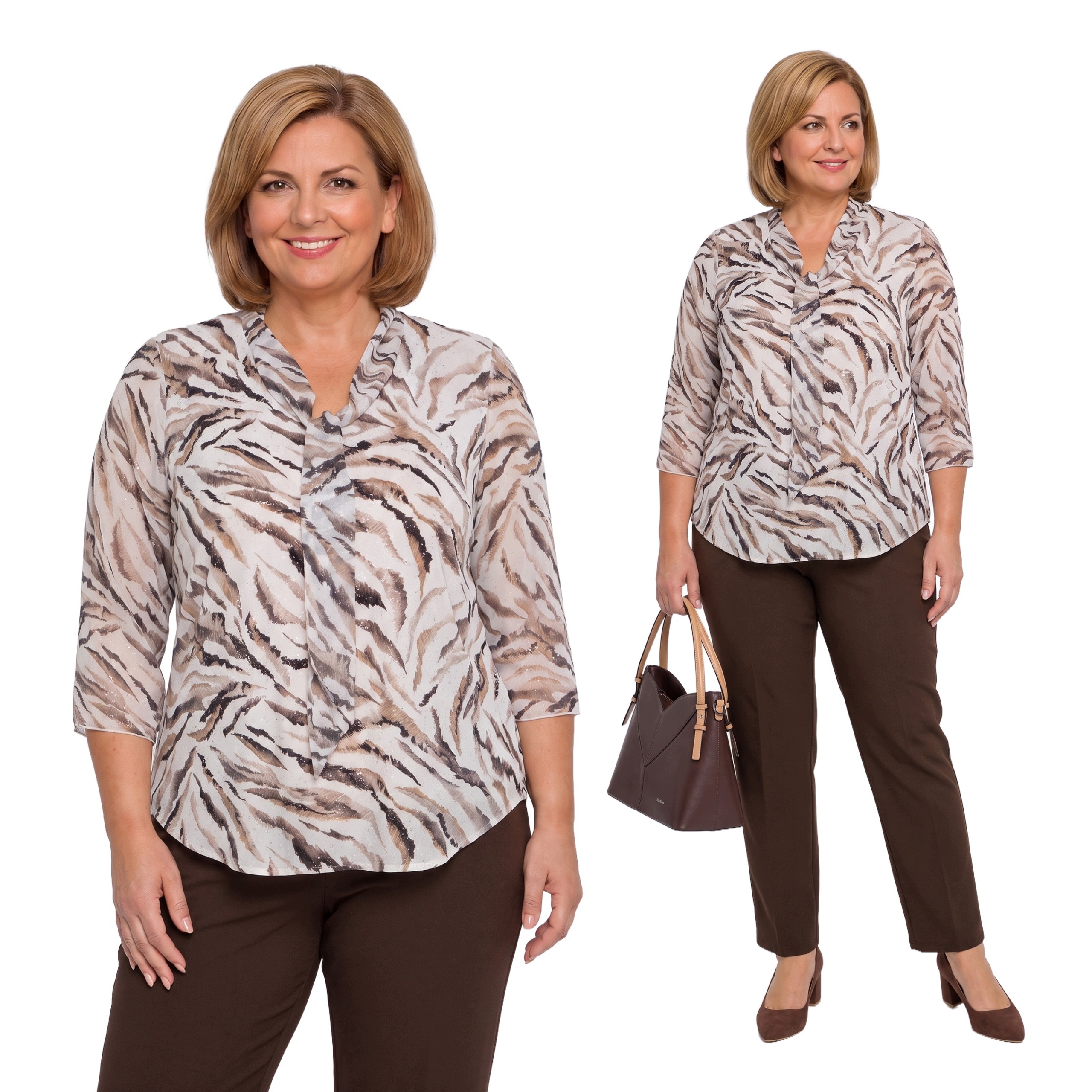 Bílá halenka s béžovými vzory a zavazováním plus size velikost 50