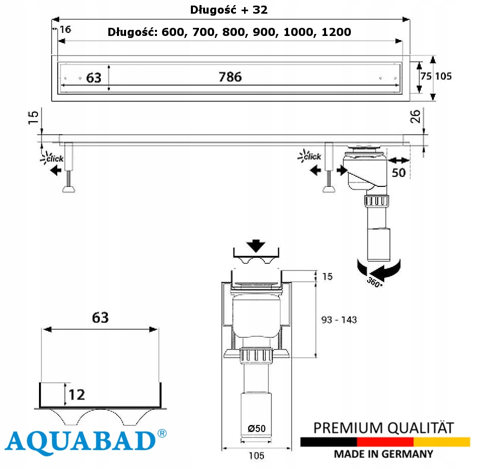 Odpływ liniowy BOCZNY Aquabad PION 80cm do płytki Szerokość produktu 7.5 cm
