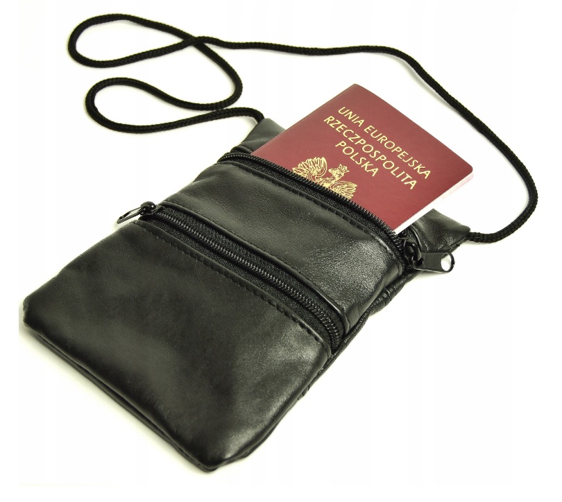 SKÓRZANA SASZETKA ETUI TORBA NA SZYJE DOKUMENTY PL
