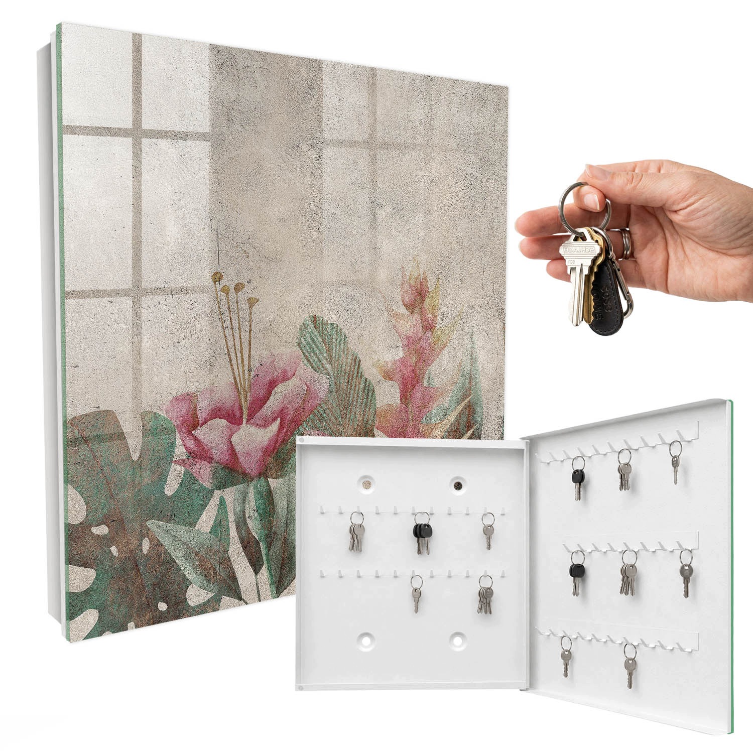 Organizér na klíče na zeď Botanická elegance Bílá pravá 30x30 cm