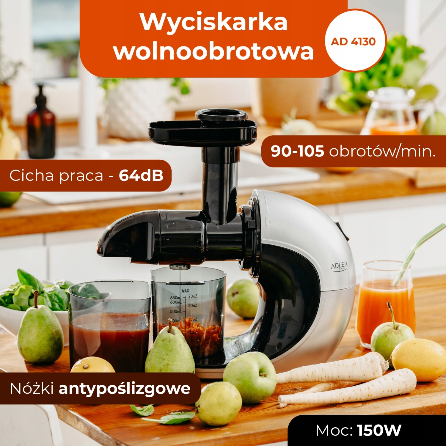 Wyciskarka Wolnoobrotowa Adler AD 4130 - Cicha, Wydajna, Ślimakowa
