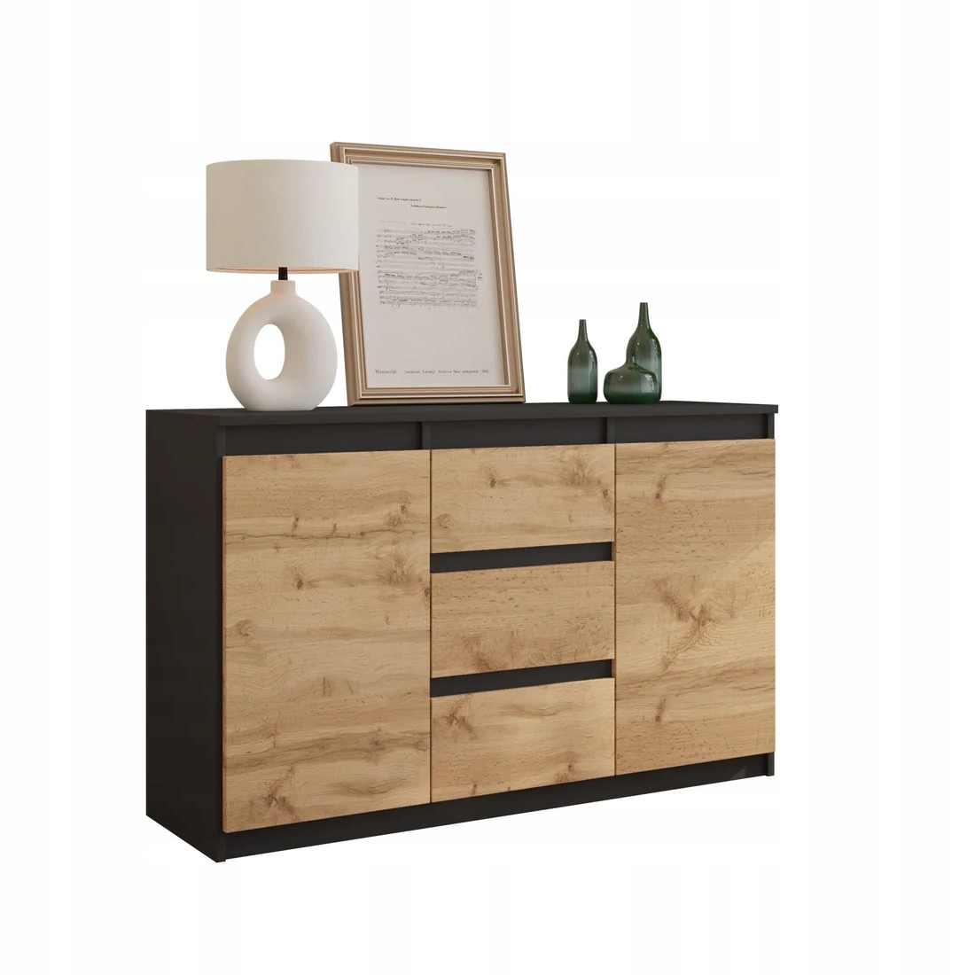 Komoda Mikel 120 cm velká do obývacího pokoje, ložnice, 3 zásuvky, 2 dvířka, 2 police