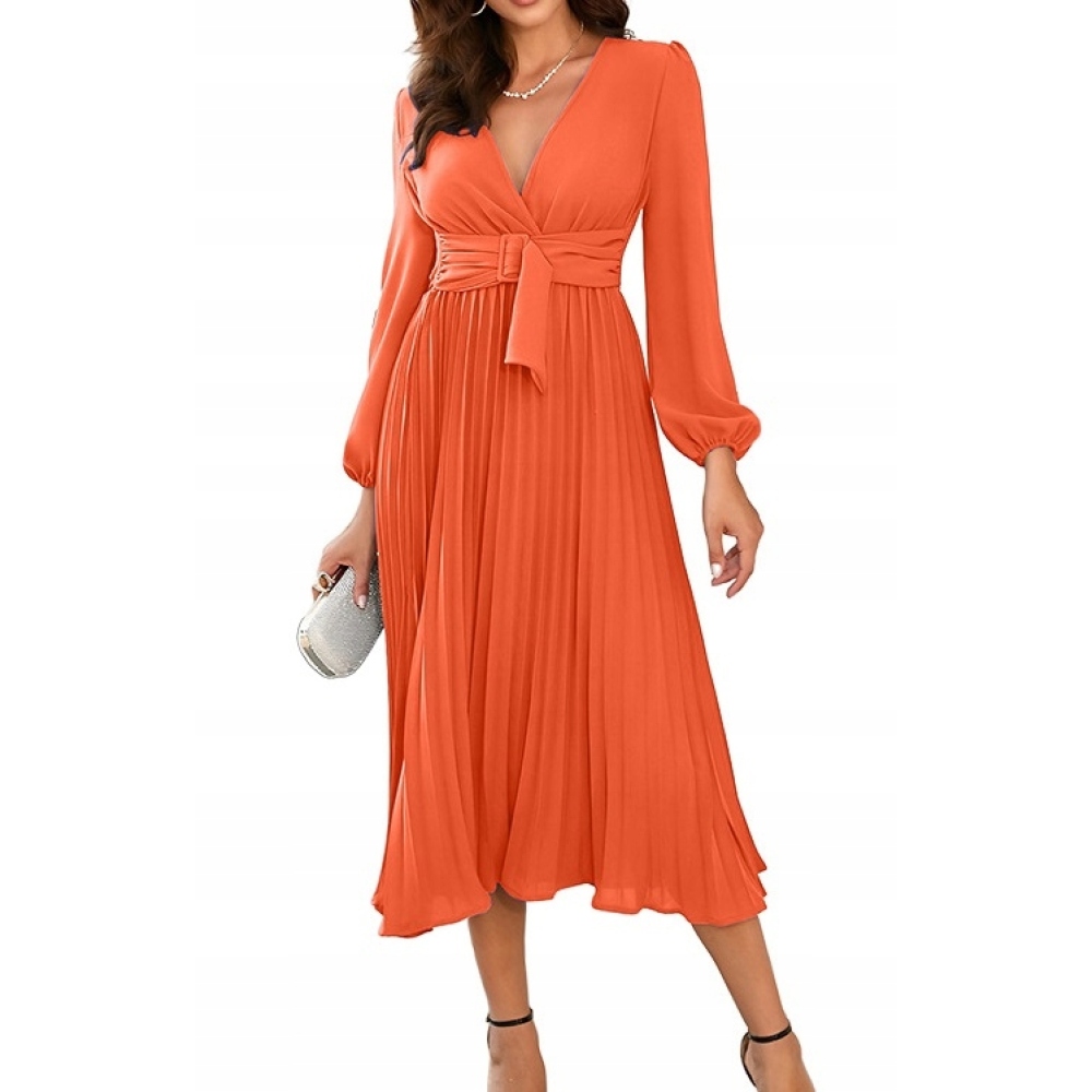 Moda damska Elegancka sukienka plisowana z paskiem długa 245935