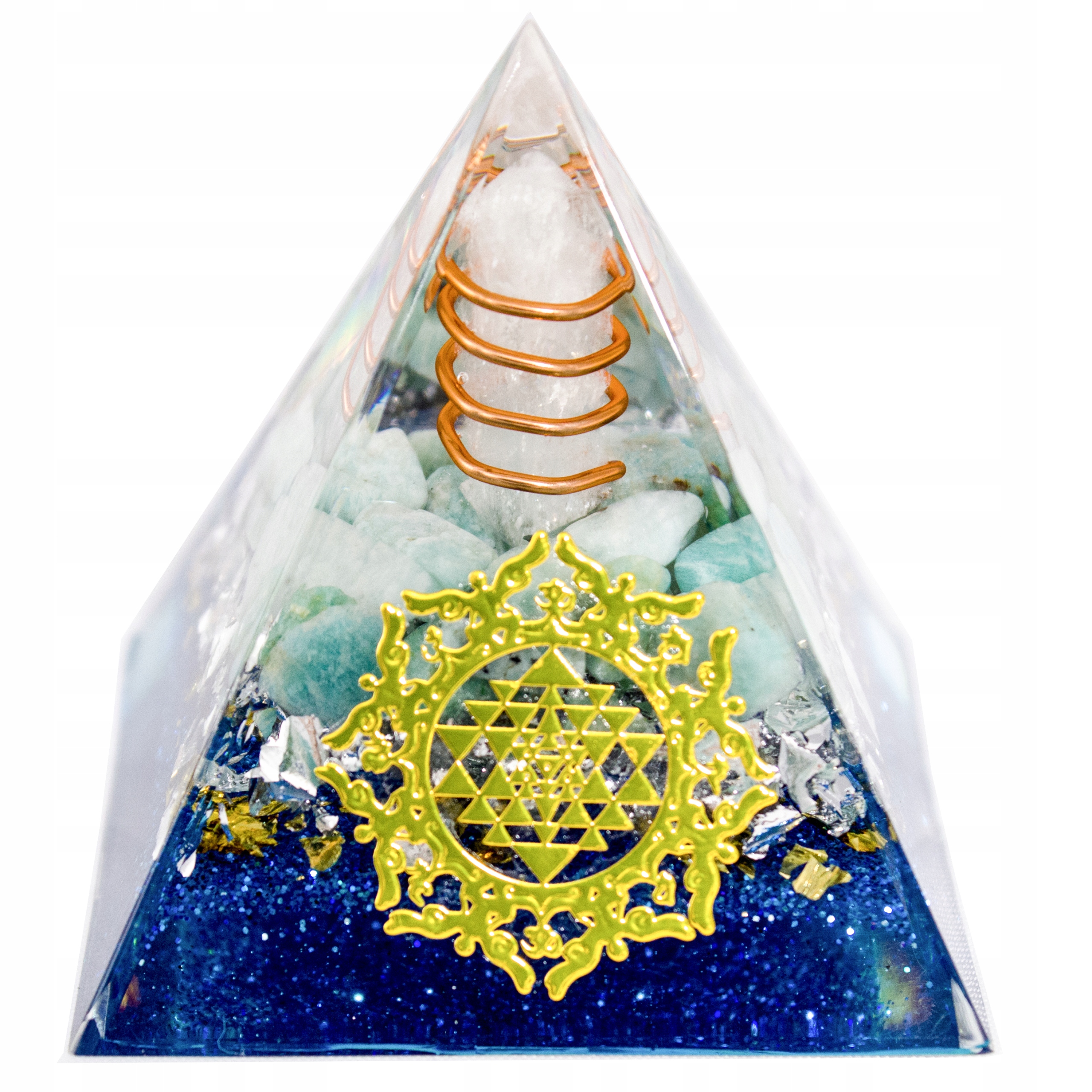 Orgonitová Pyramida Zářič Amazonit Měď Hliník Šrí Jantra 5 cm