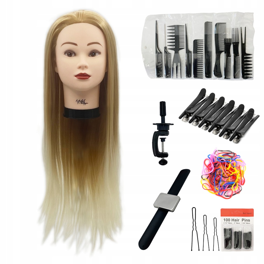 Hlava Kadeřnická Tréninková Hlava Pro Česání Blond Ombre 70 CM Bc Sada