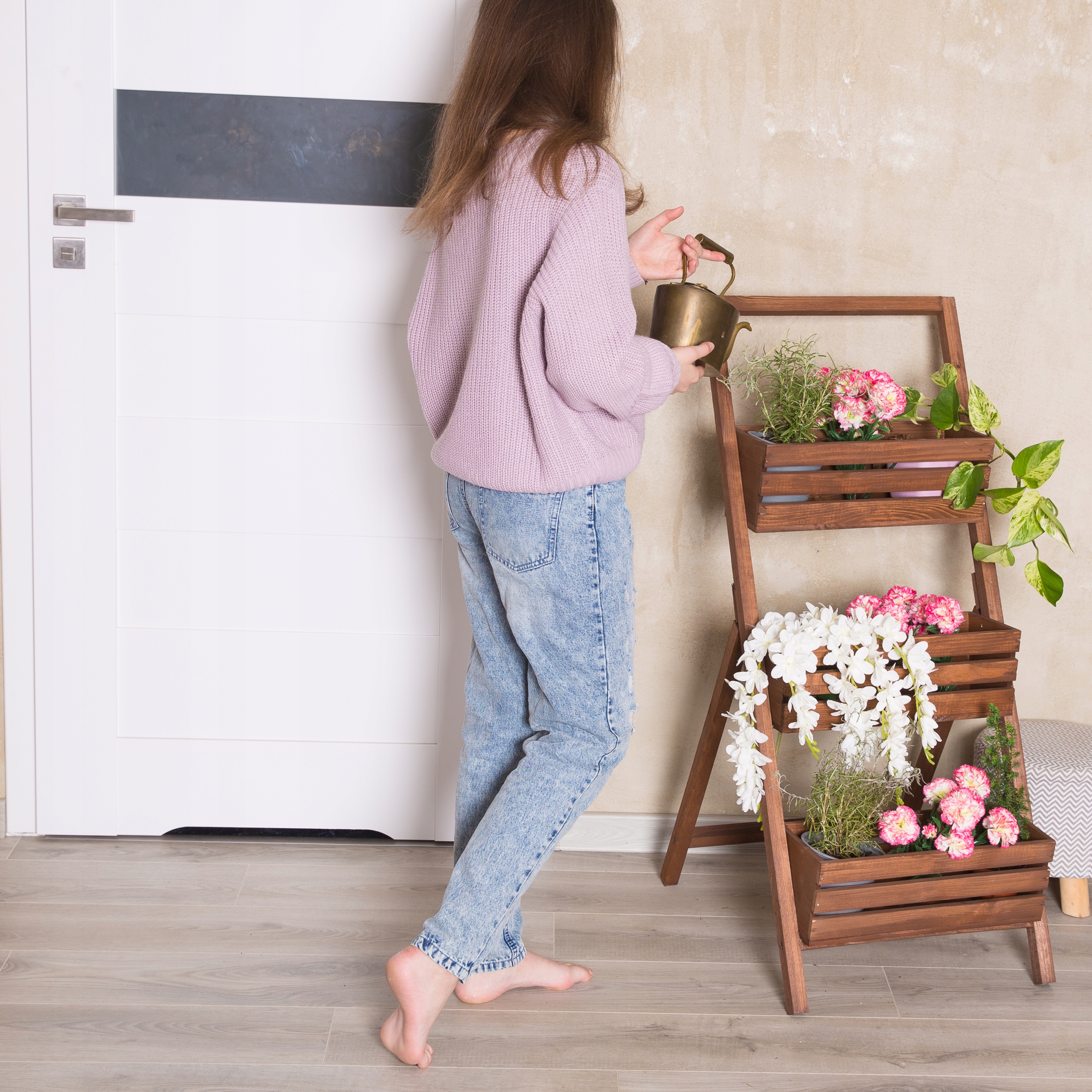 KWIETNIK STOJĄCY DREWNIANY KASKADOWY BRĄZ 3 RZĘDY Kolor odcienie brązu i beżu