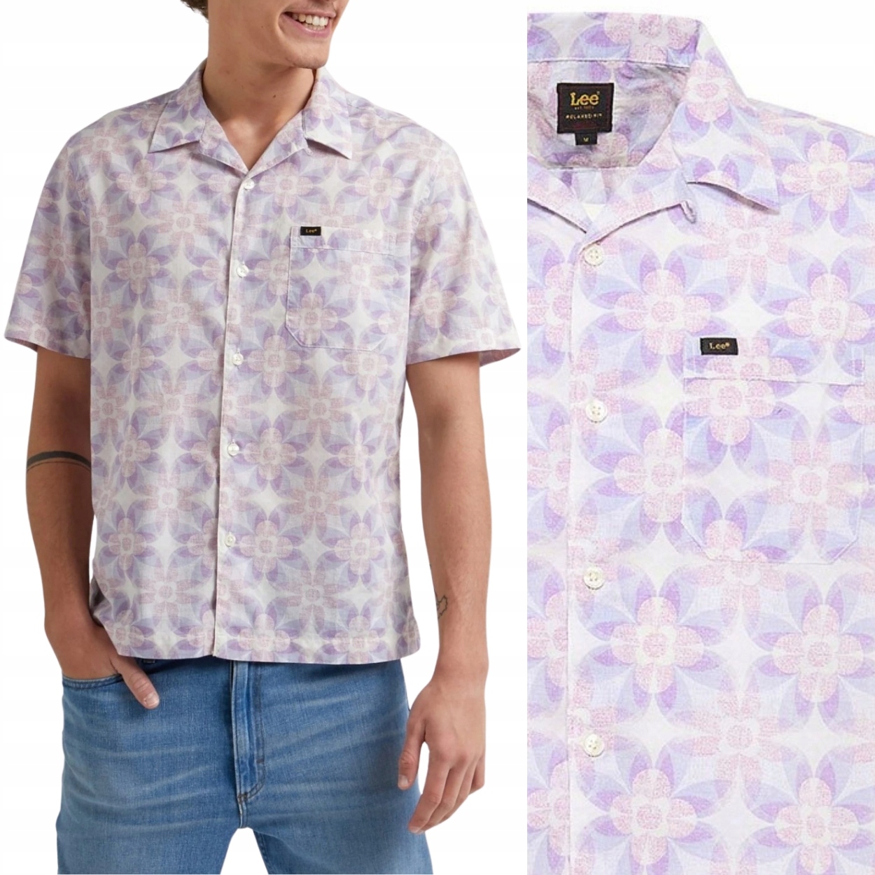 Lee Resort Shirt Foggy Gray Volná Bavlněná Košile Krátký Rukáv Relax L