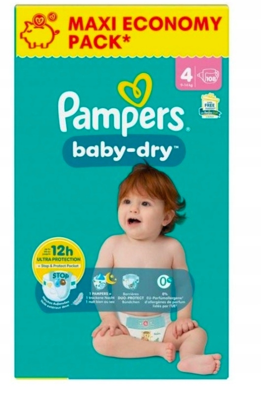 Pampers Baby-Dry Rozmiar 4 108 pieluch 9kg-14kg noc do 100% bez wyc