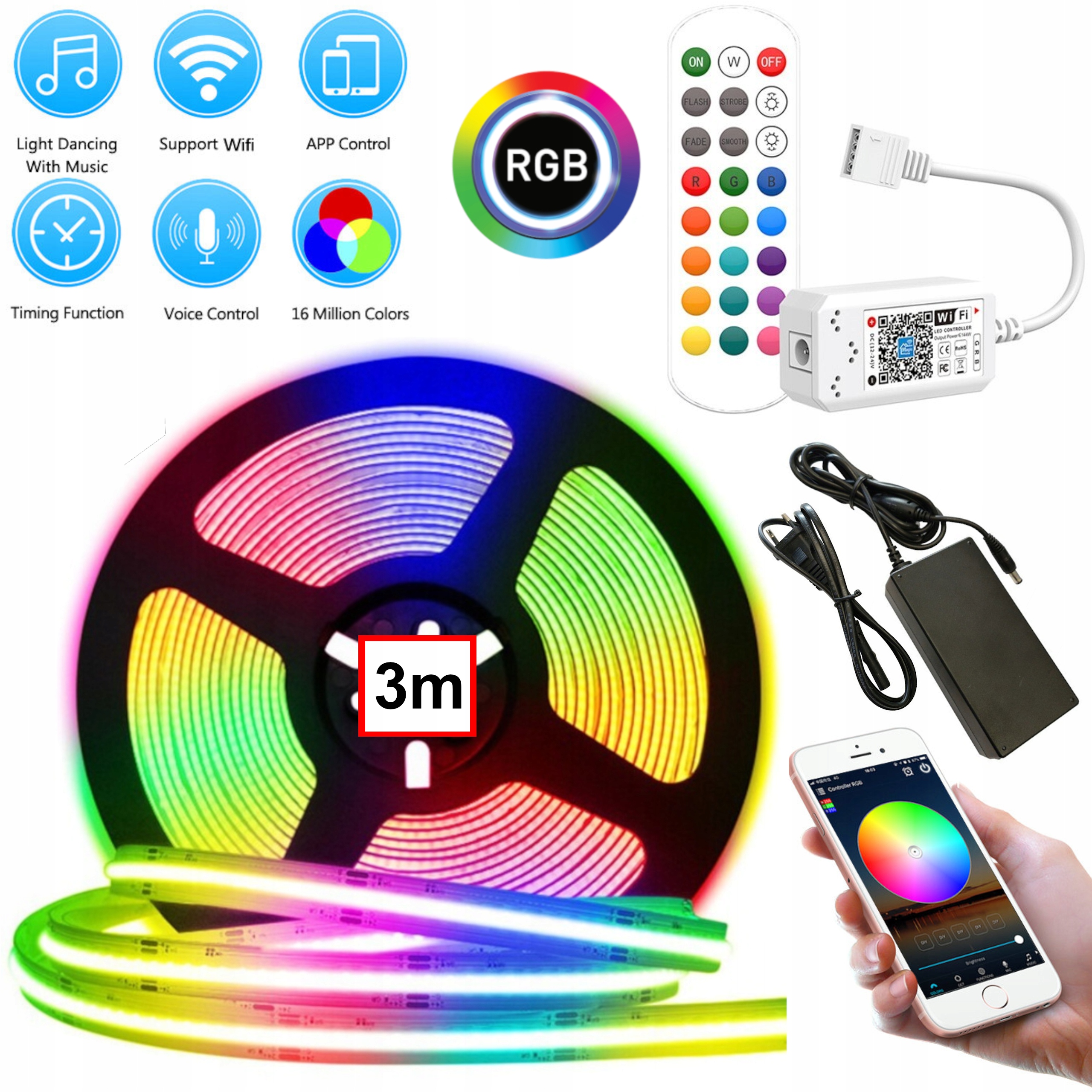 Taśma LED COB 3m RGB NEON KOLOROWY ZESTAW SMART Wifi Android iOS MUZYCZNY