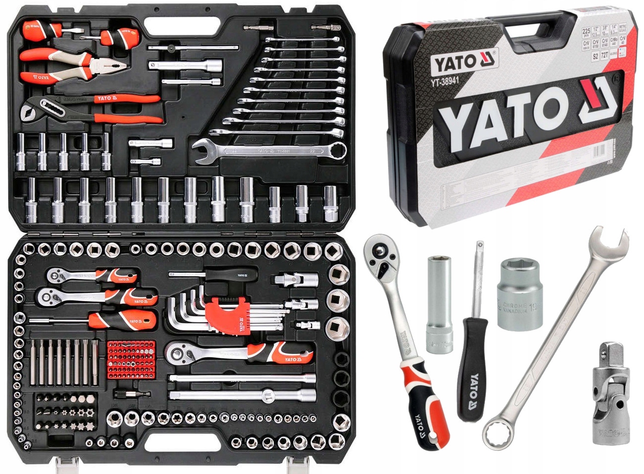 Sada Yato XXL 225 ks Nástrčné Kľúče 1/4" 3/8" 1/2" ploché objímky Torx