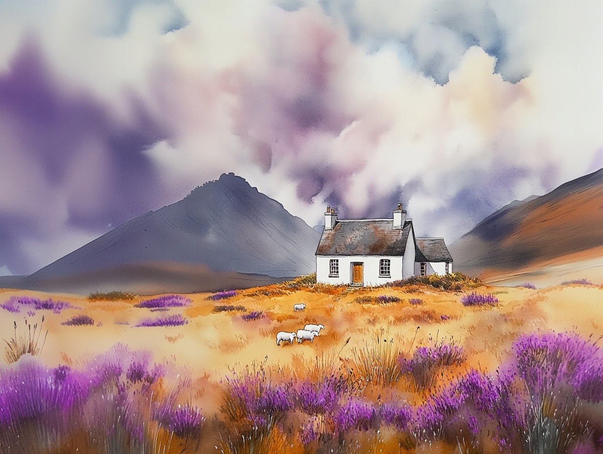 Obraz Na Plátně Canvas Krajina Skotsko Highland Hory Dům Vřesy Ovce 80x60