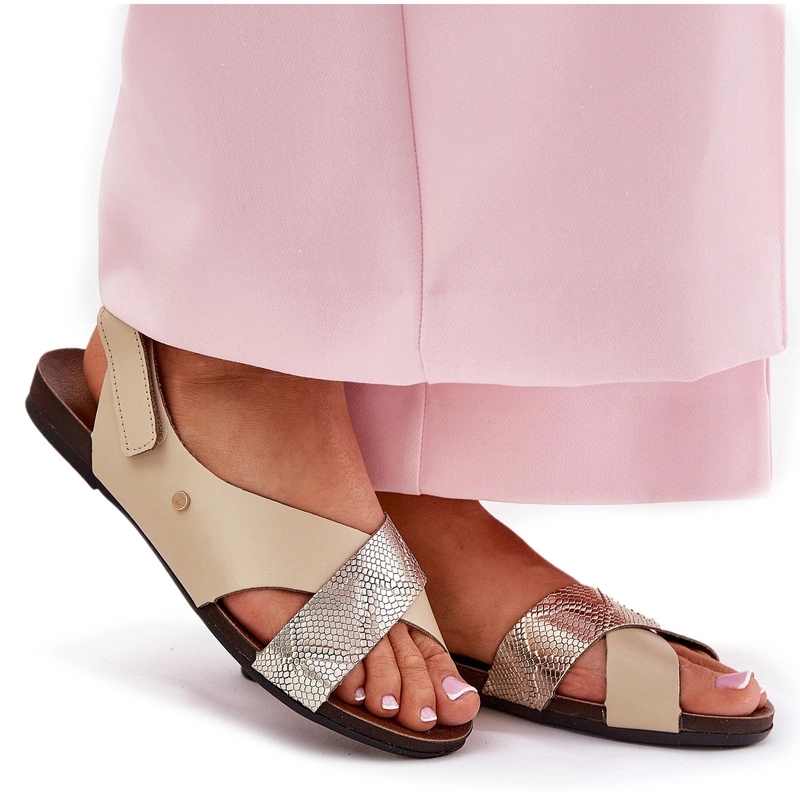 Dámské Ploché Kožené Sandály Na Suchý Zip Zazoo 40141 Béžovo-zlaté 38