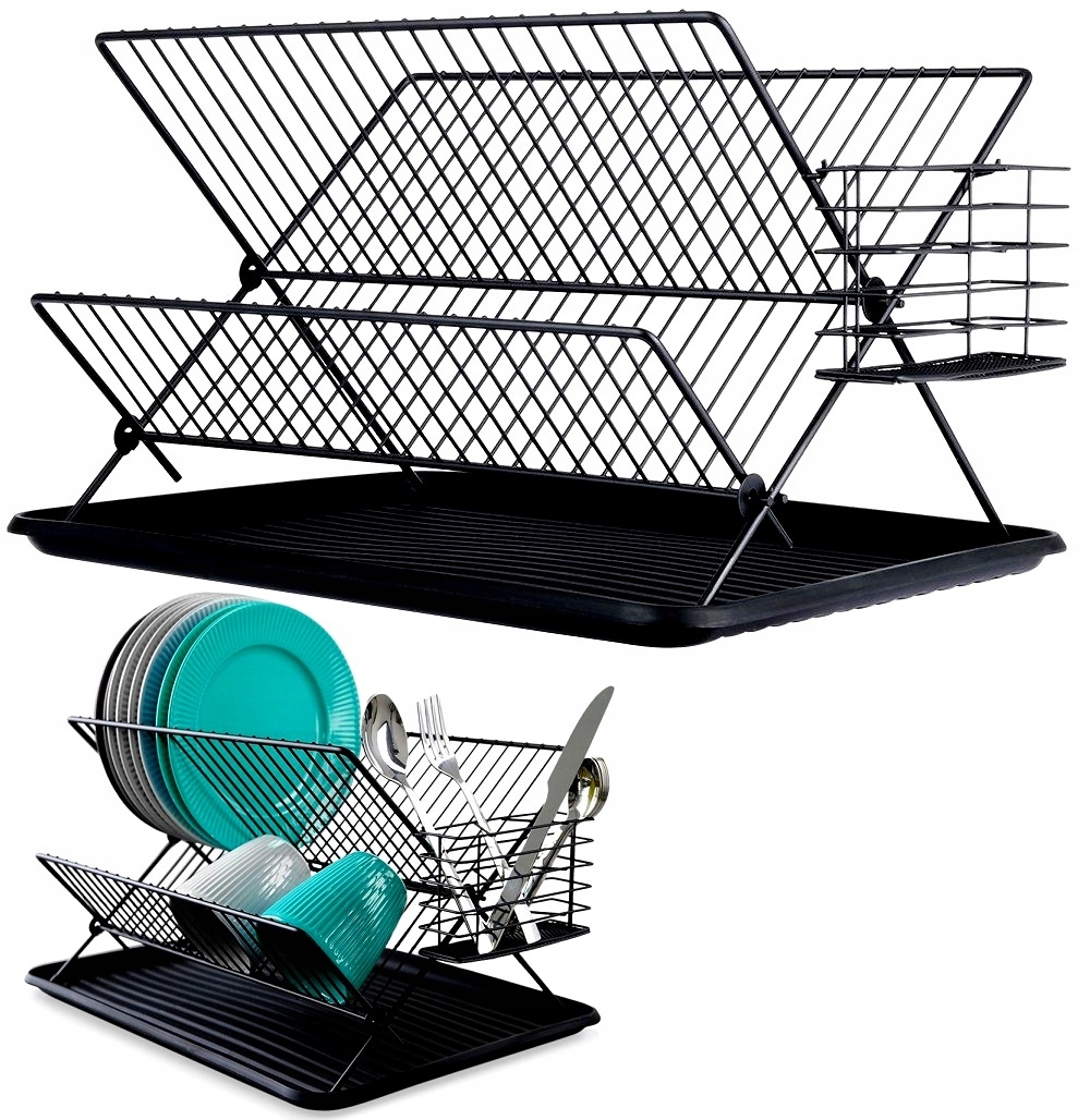 Levně Odkapávač Sušička stojící na nádobí talíře příbory hrnky černá kovová