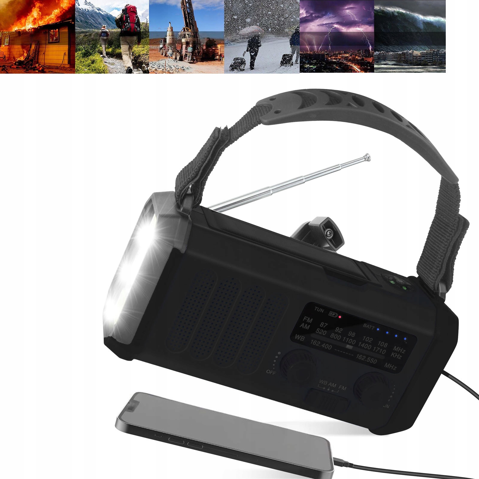 10000 mAh Přenosné Solární Rádio Korbka Alarm Dynamo Nouzové S Svítilnou