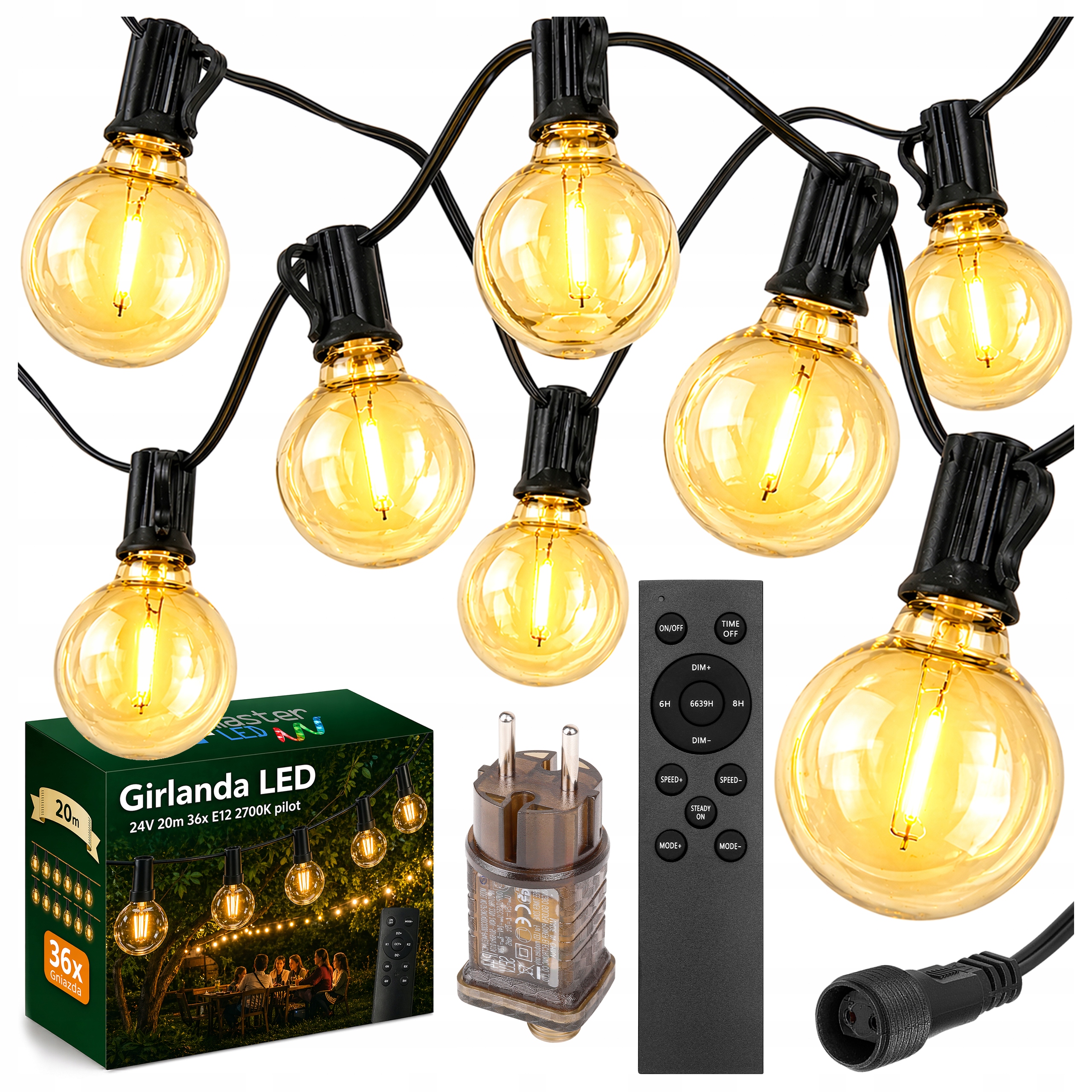 Led zahradní girlanda 20 m 36x E12 2700K 24V Ovladač IP44 2 náhradní žárovky