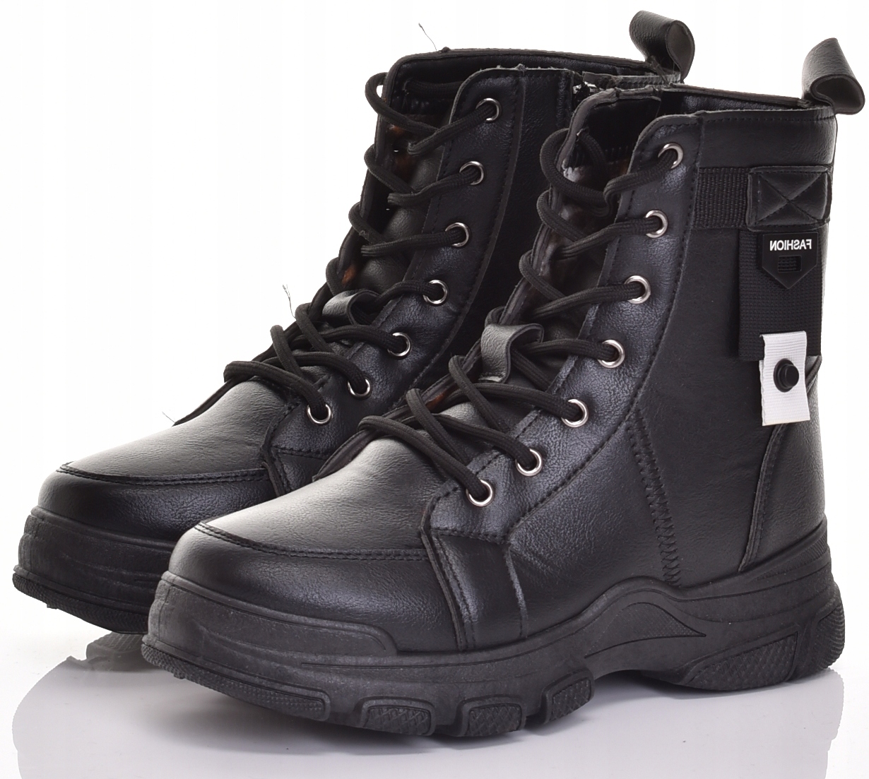 SKÓRZANE DAMSKIE BOTKI PŁASKIE SZNUROWANE CZARNE