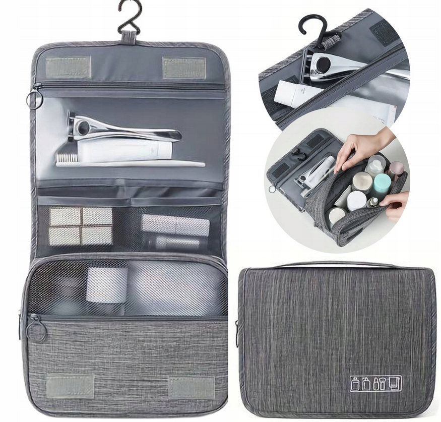 Kosmetyczka Podróżna z Haczykiem Wiszący Organizer na Kosmetyki-XL Szara
