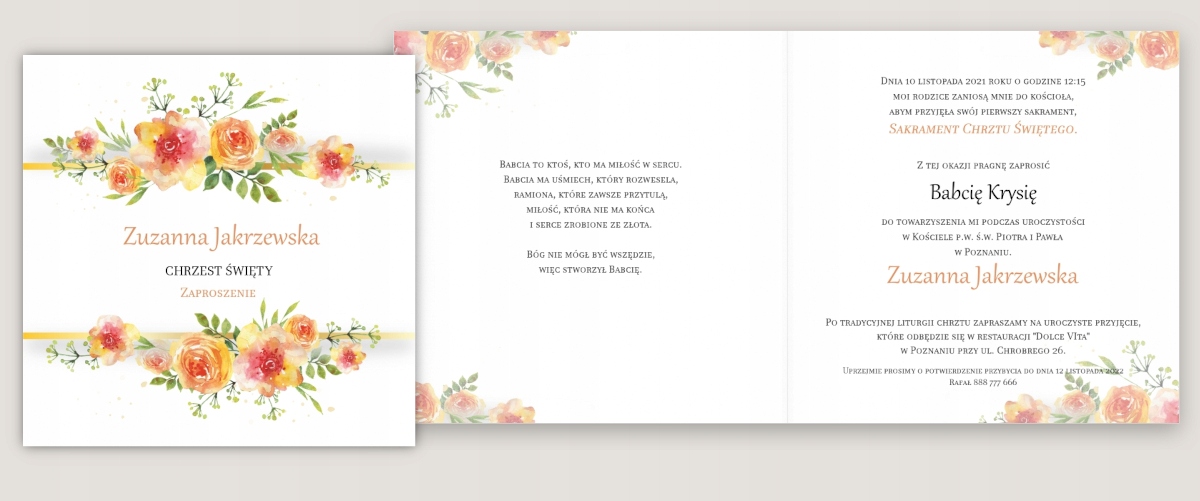Zaproszenia na Chrzest Święty Chrzciny KWIATY BUKIET Personalizowane GOŚCIE Szerokość produktu 14.2 cm
