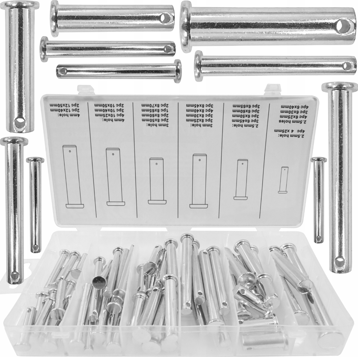 Sworznie Z Łbem Walcowym I Otworem MIX Rozmiarów Zestaw Sworzni 60 Szt.