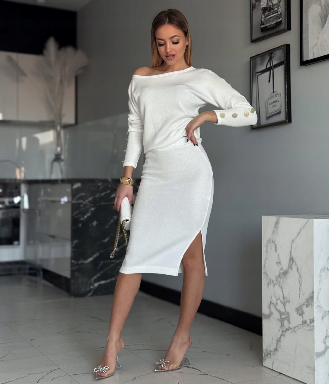 Pletený komplet Košilka carmen Sukně Rozparek Knoflíky Bílá Xs