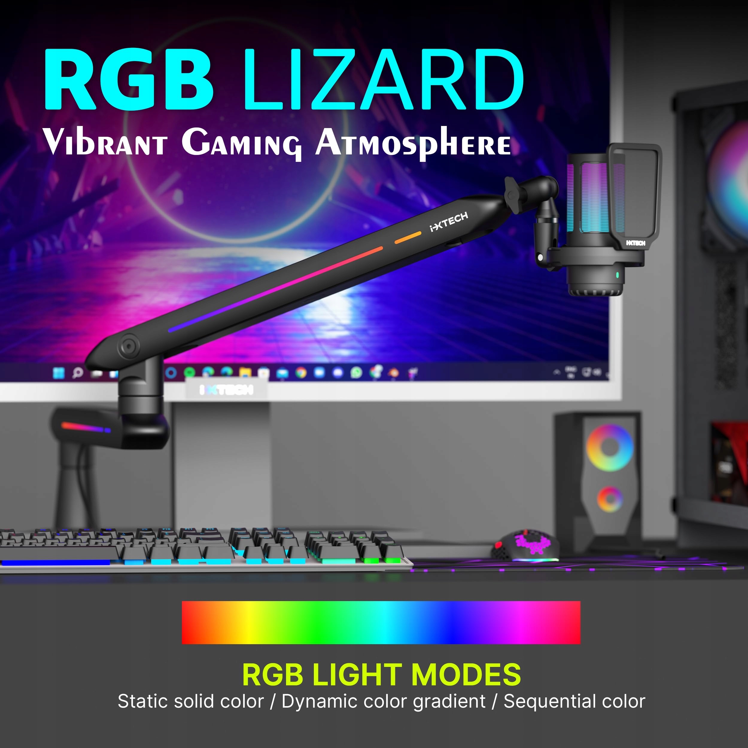 IXTECH Niskoprofilowy Ramię Mikrofonowe RGB z Uchwytami do Podcastów — miniatura 3