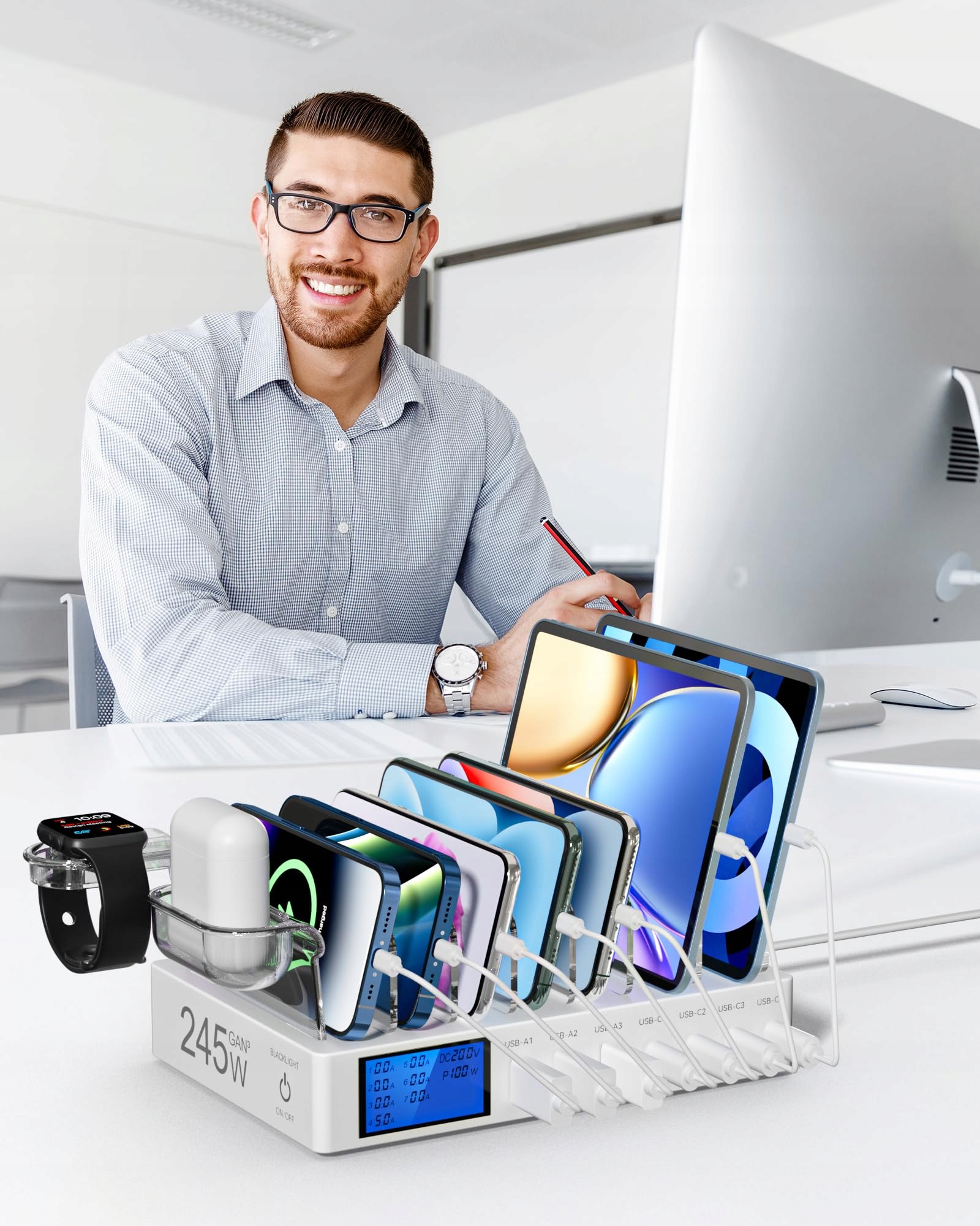 RSYDMNY Stacja Ładowania 245W 7-Port LCD USB C Szybkie Ładowanie Urządzeń — miniatura 7
