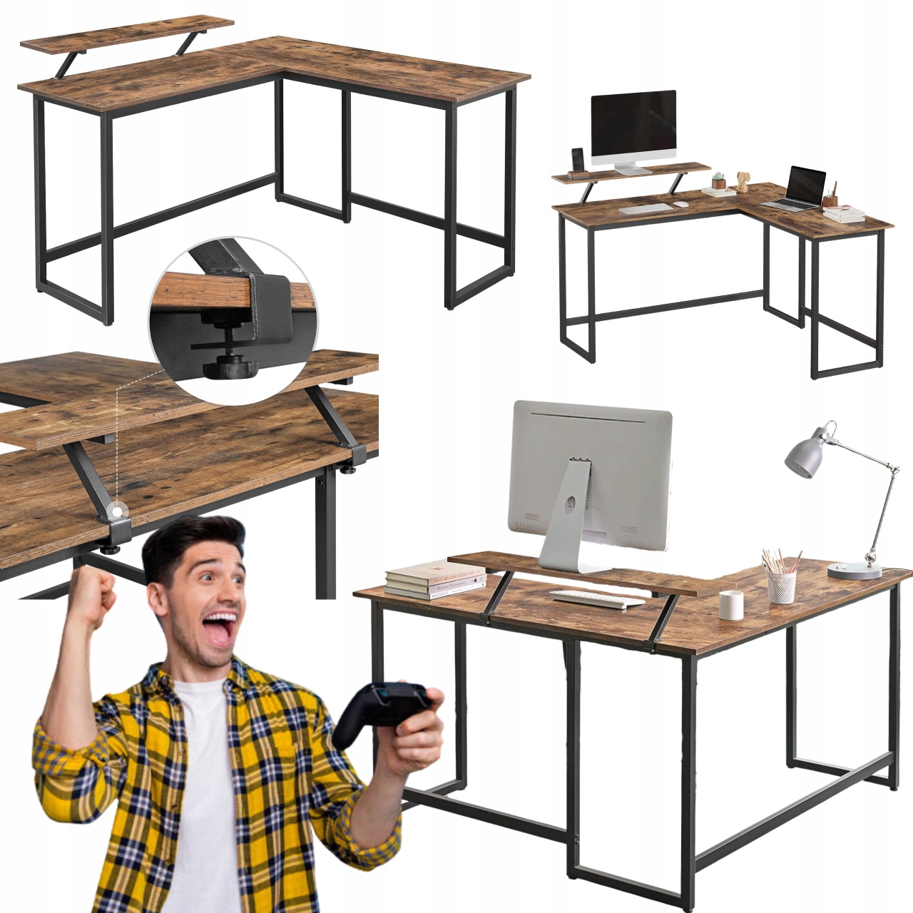 Rohový písací stôl Loft s nadstavcom na herný monitor pre výučbu práce na diaľku