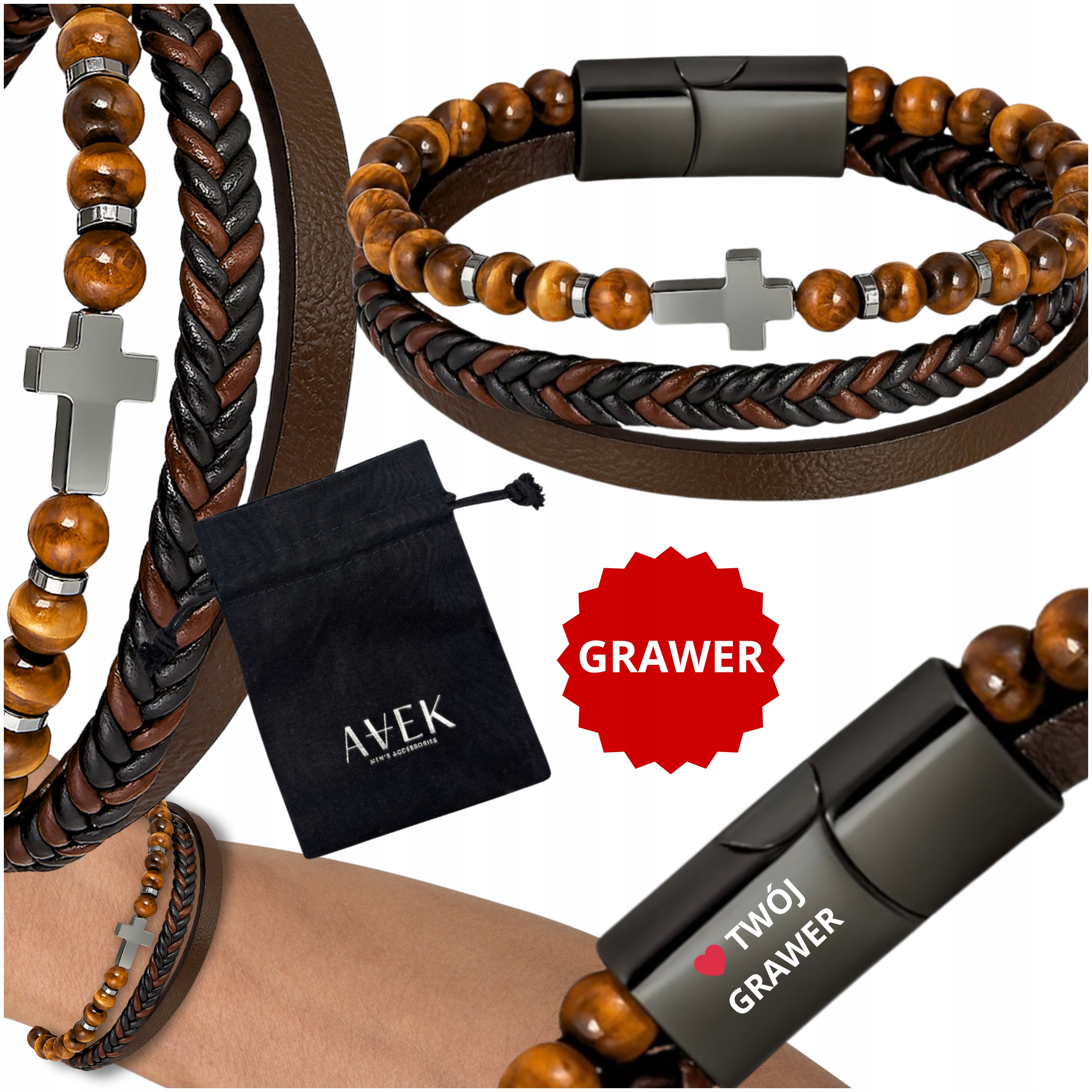 Pánský Kožený Náramek S Křížem S Gravírováním Gravírování Hnědý Kříž 21 CM