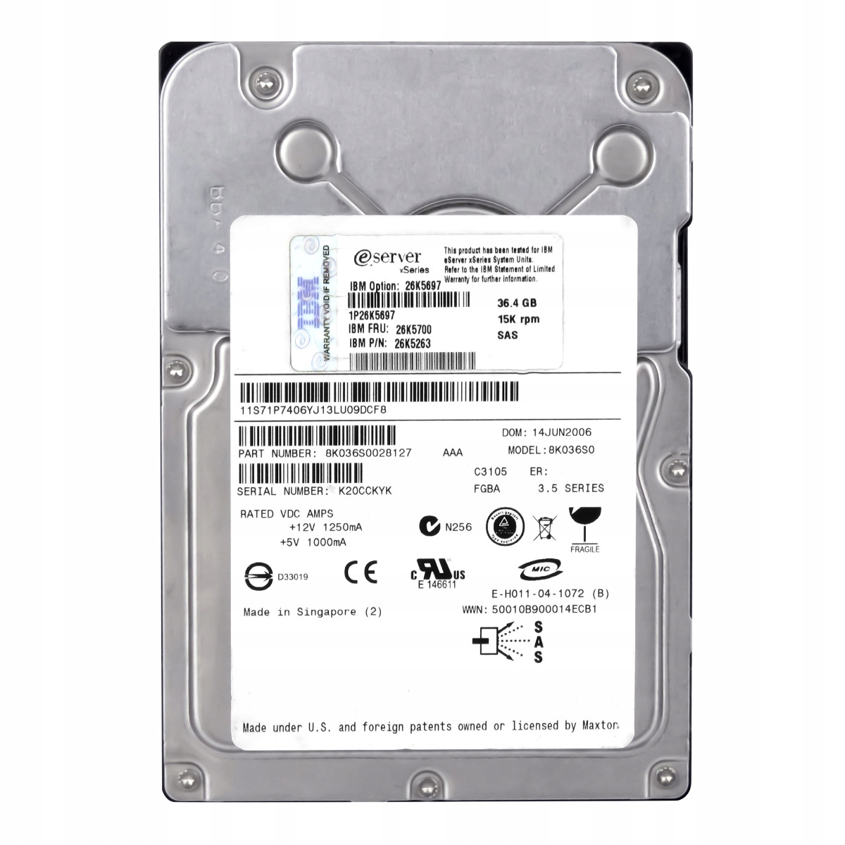 Ibm 26K5700 26K5263 36,4 Gb 15K 16MB SAS-1 3,5'' 8K036S0