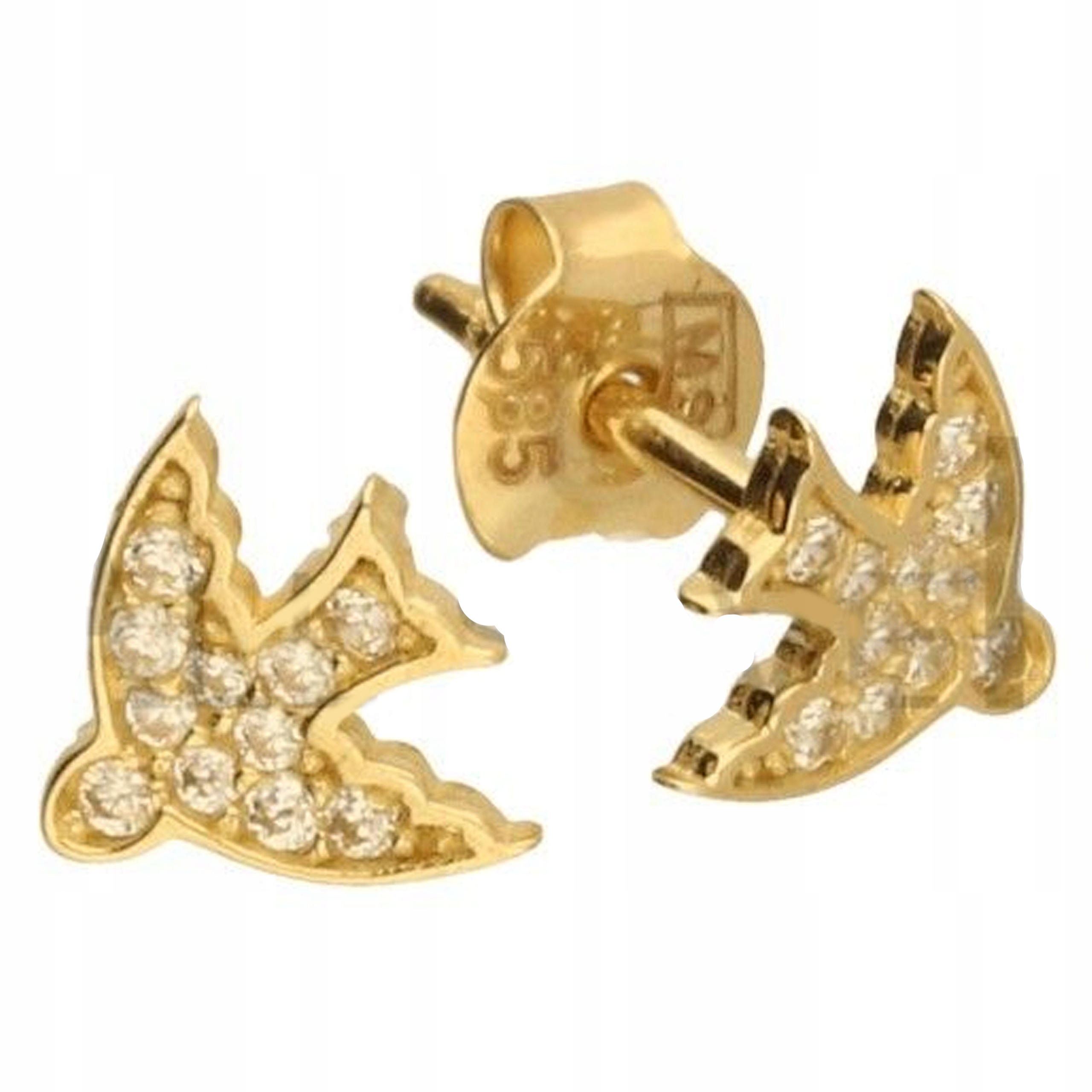 Zlaté náušnice 585 módní ptáci vlaštovky se zirkony 14K tyčinky