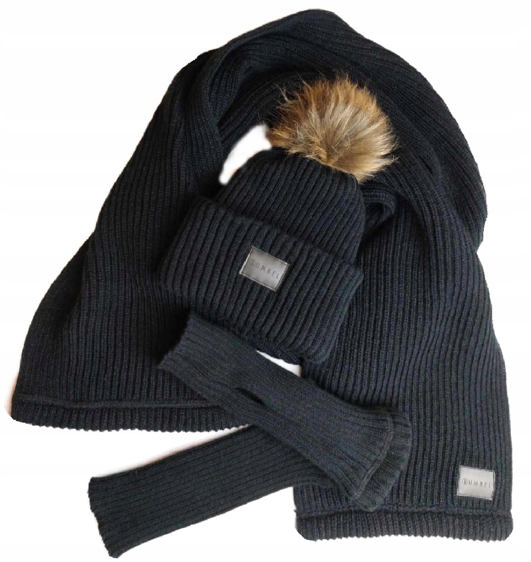 Černý komplet Čepice s Pomponem, dlouhý šál a palčáky