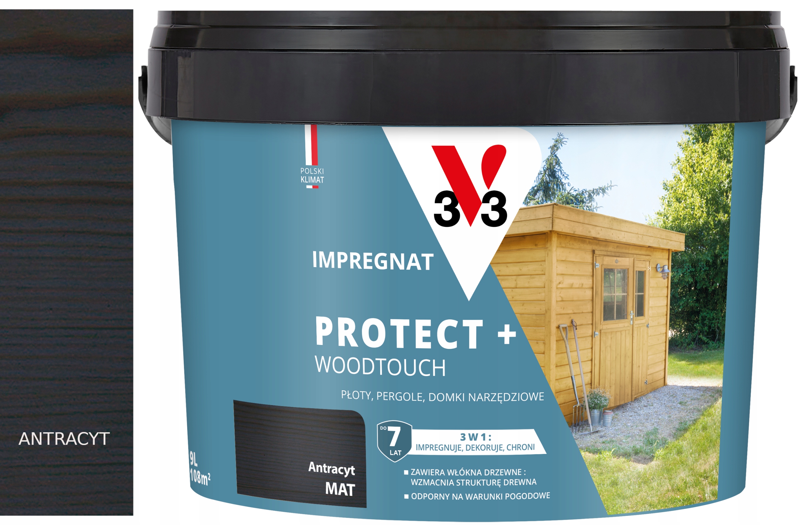Impregnat Protect+ Woodtouch 3w1 V33 płoty, pergole, domki Antracyt Mat 9l