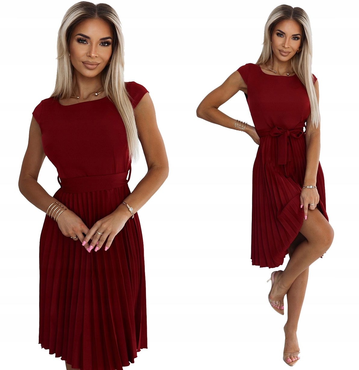 Elegantní Plisovaná Šaty S Páskem A Krátkým Rukávem Bordó Xs