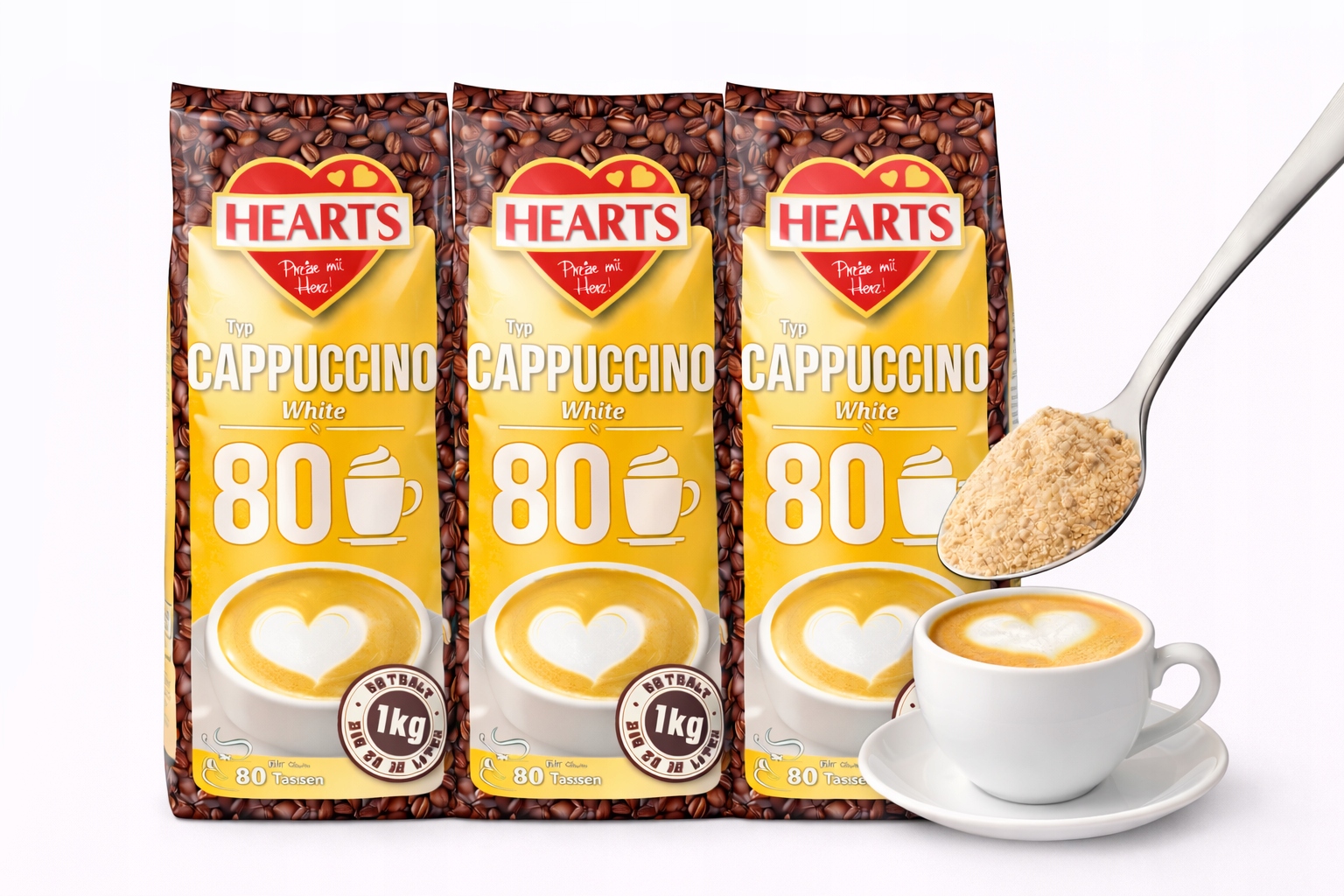 Levně Hearts White Cappuccino 1 kg jemný kávový nápoj v prášku, sada 3 kg