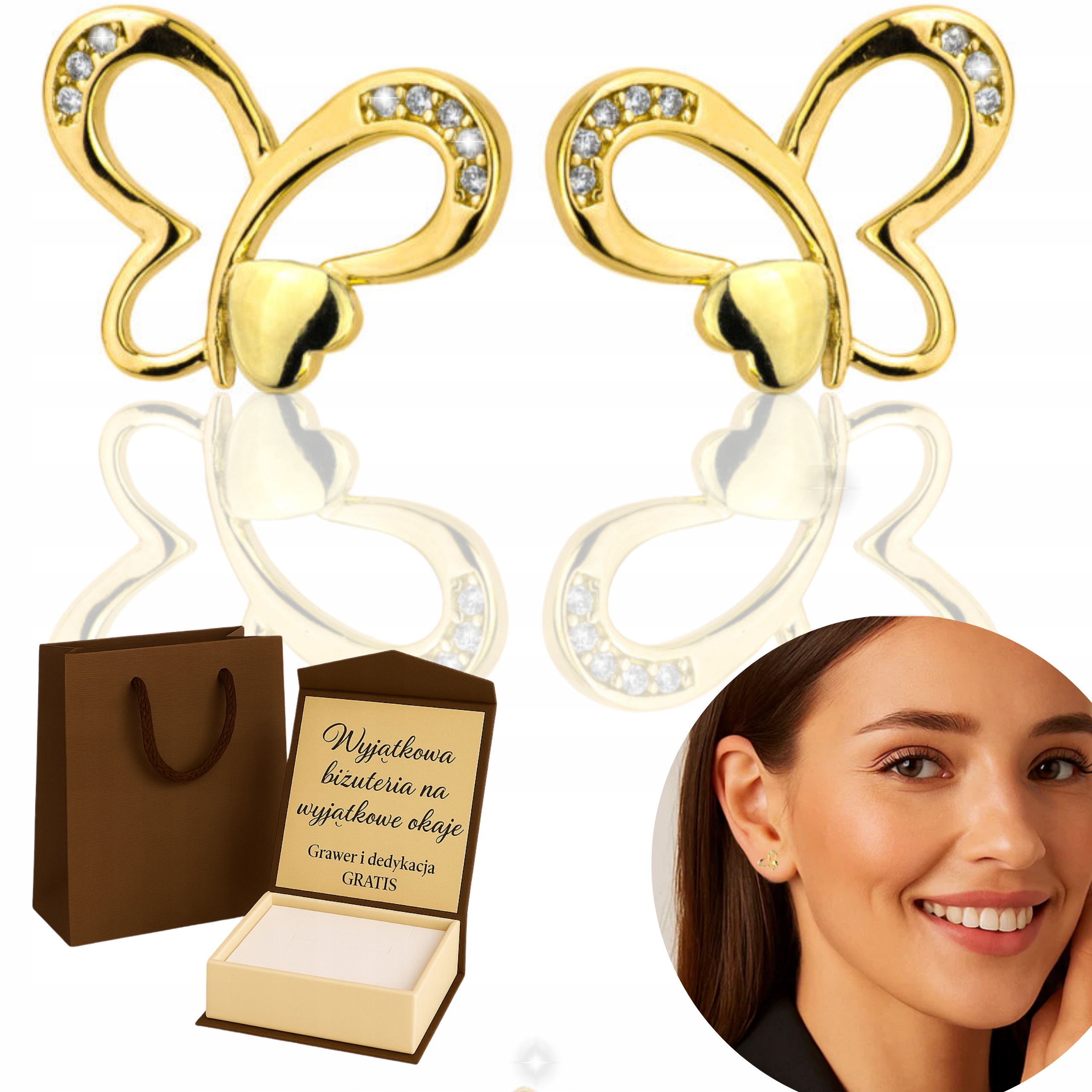 Zlaté Náušnice Dámské Motýl Zirkony Pr 585/ 925 Stříbro Pozlacené Gravírování