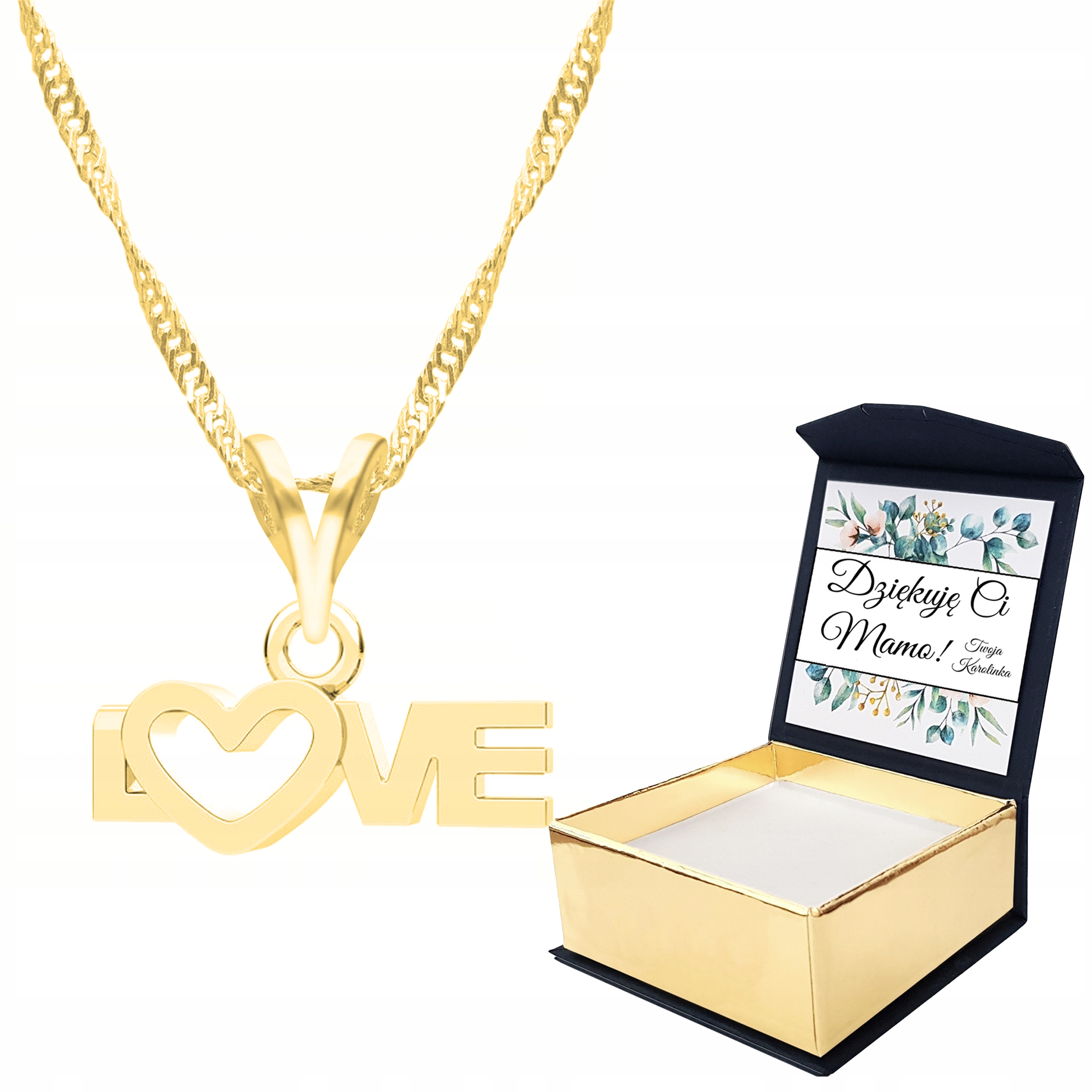 Zlatý náhrdelník Love Miłość Srdce Vlastní Potisk
