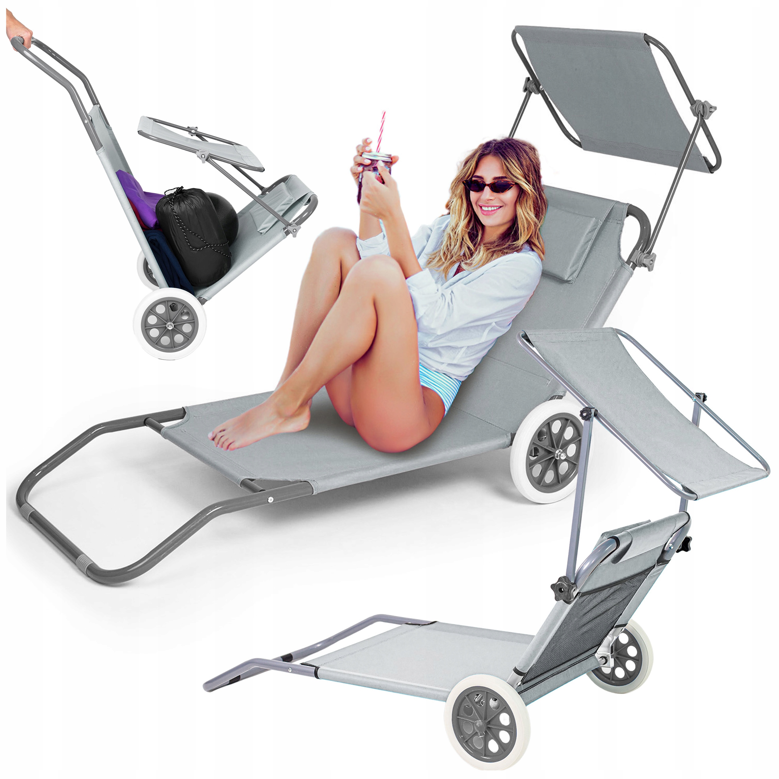 Leżak Składany Ogrodowy Plażowy Krzesło Wózek Na Kółkach Leżanka Z Daszkiem