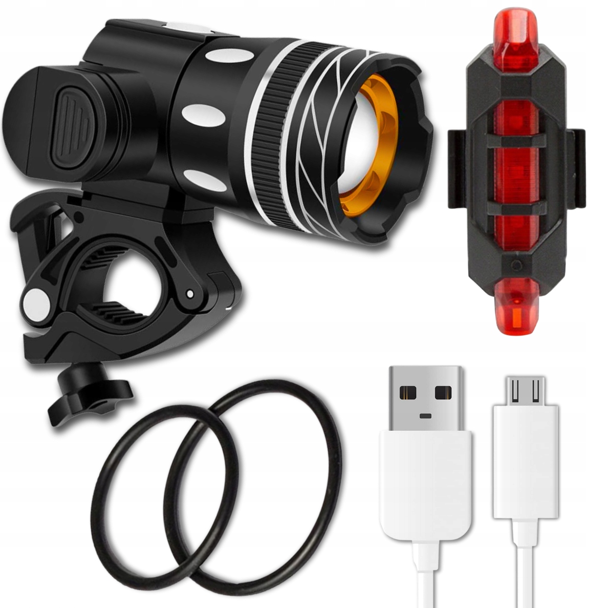 LAMPKA ROWEROWA LED NA ROWER KIEROWNICĘ MOCNA AKUMULATOROWA USB + TYŁ TYLNA Kod producenta 00023681