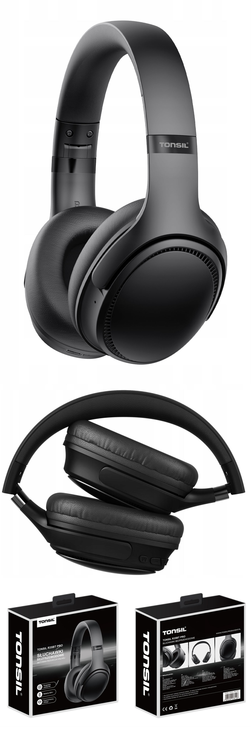 Słuchawki Bezprzewodowe TONSIL R35BT PRO ANC CZARNE Nauszne Bluetooth Zasięg 25 m