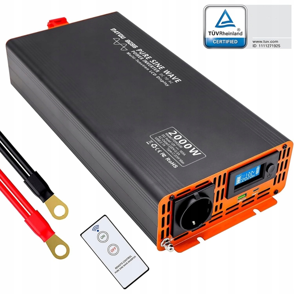 DATOUBOSS Przetwornica 12V 230V 2000W z Pilotem i Wyświetlaczem LCD Napięcie wejściowe 24 V