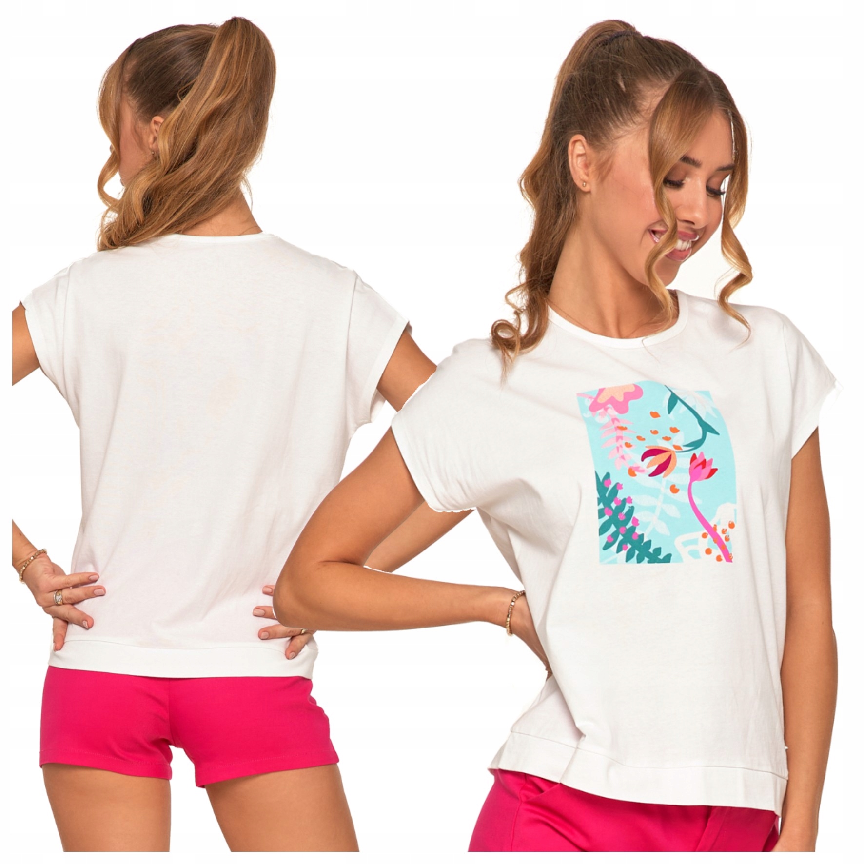 BIAŁA KOSZULKA DAMSKA T-SHIRT Z NADRUKIEM KWIATY MODNA BAWEŁNIANA MORAJ XL